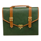 Vegan Leather Handbag – Handmade Forest Green Purse with Gold Lock & Tan Straps by navichi