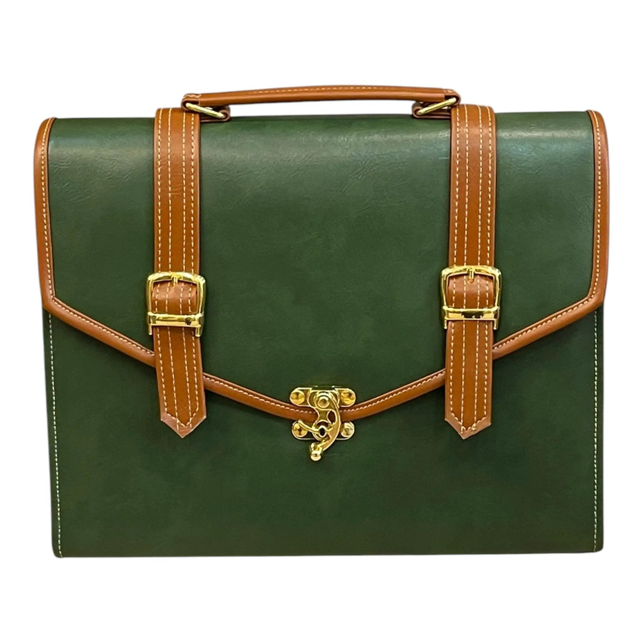 Vegan Leather Handbag – Handmade Forest Green Purse with Gold Lock & Tan Straps by navichi