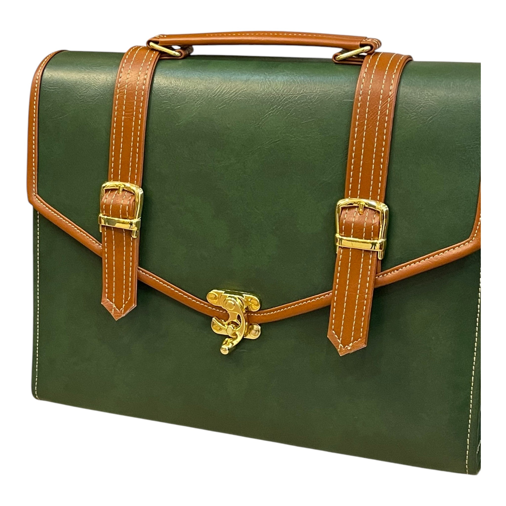 Vegan Leather Handbag – Handmade Forest Green Purse with Gold Lock & Tan Straps by navichi
