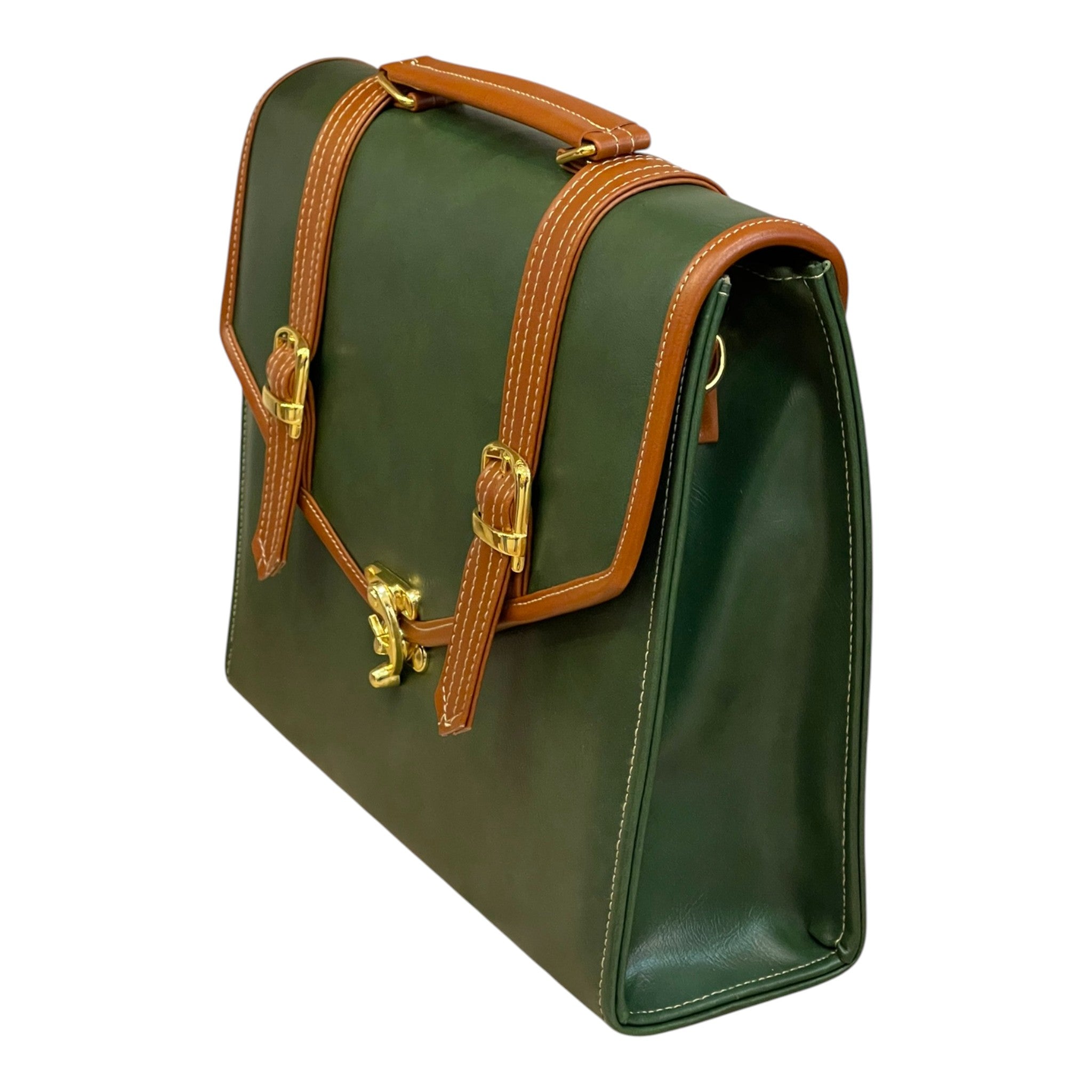 Vegan Leather Handbag – Handmade Forest Green Purse with Gold Lock & Tan Straps by navichi