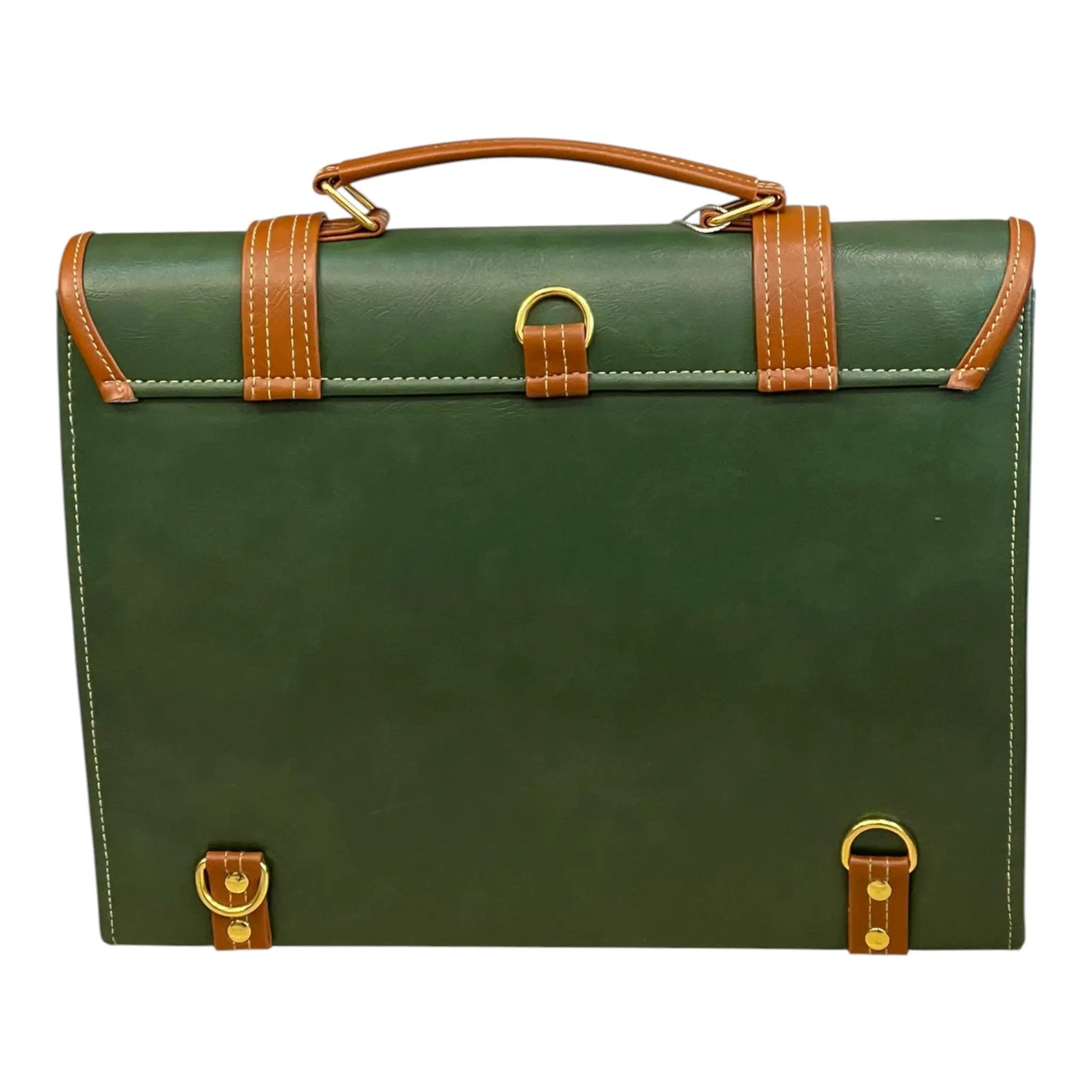 Vegan Leather Handbag – Handmade Forest Green Purse with Gold Lock & Tan Straps by navichi