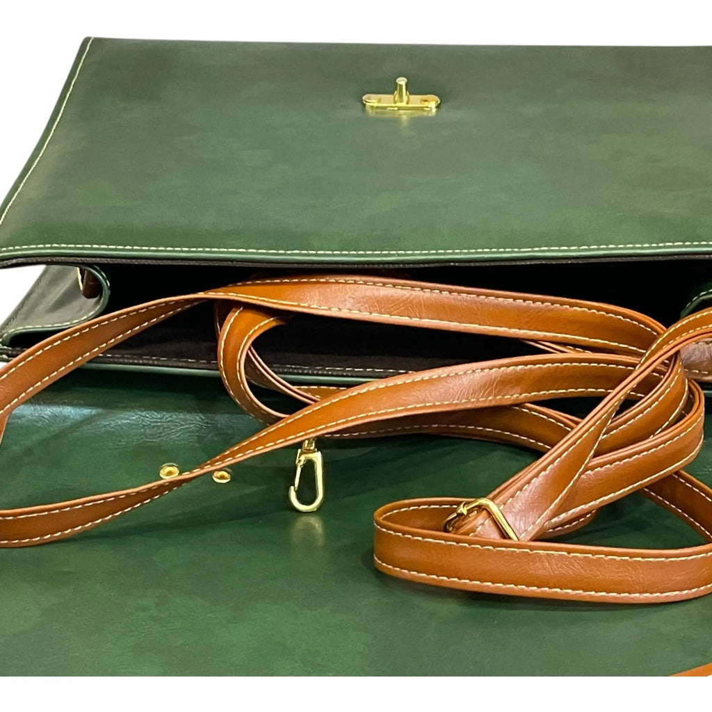 Vegan Leather Handbag – Handmade Forest Green Purse with Gold Lock & Tan Straps by navichi