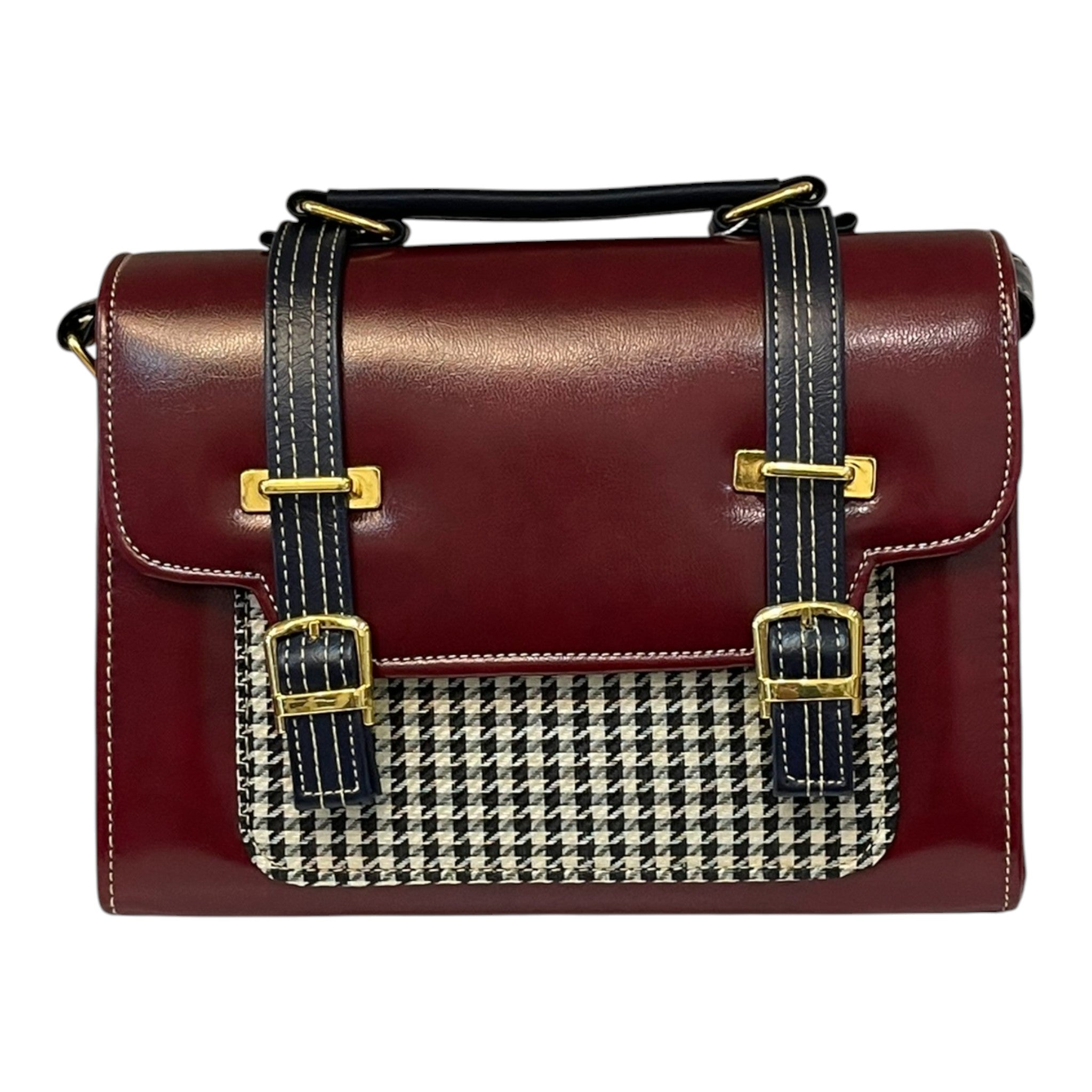 Vegan Leather Handbag – Handmade French Burgundy Houndstooth Bag With Dual Buckle Straps by navichi