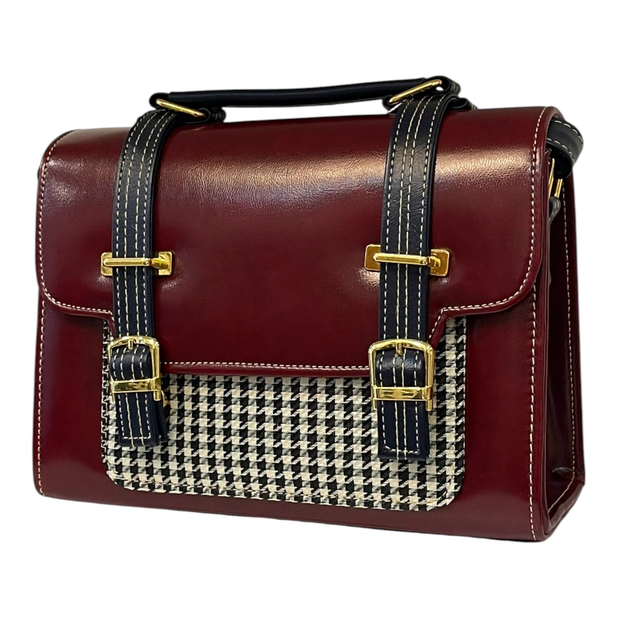 Vegan Leather Handbag – Handmade French Burgundy Houndstooth Bag With Dual Buckle Straps by navichi