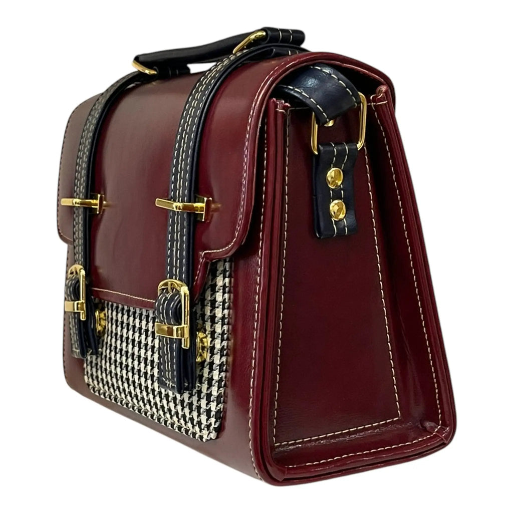 Vegan Leather Handbag – Handmade French Burgundy Houndstooth Bag With Dual Buckle Straps by navichi