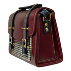 Vegan Leather Handbag – Handmade French Burgundy Houndstooth Bag With Dual Buckle Straps by navichi