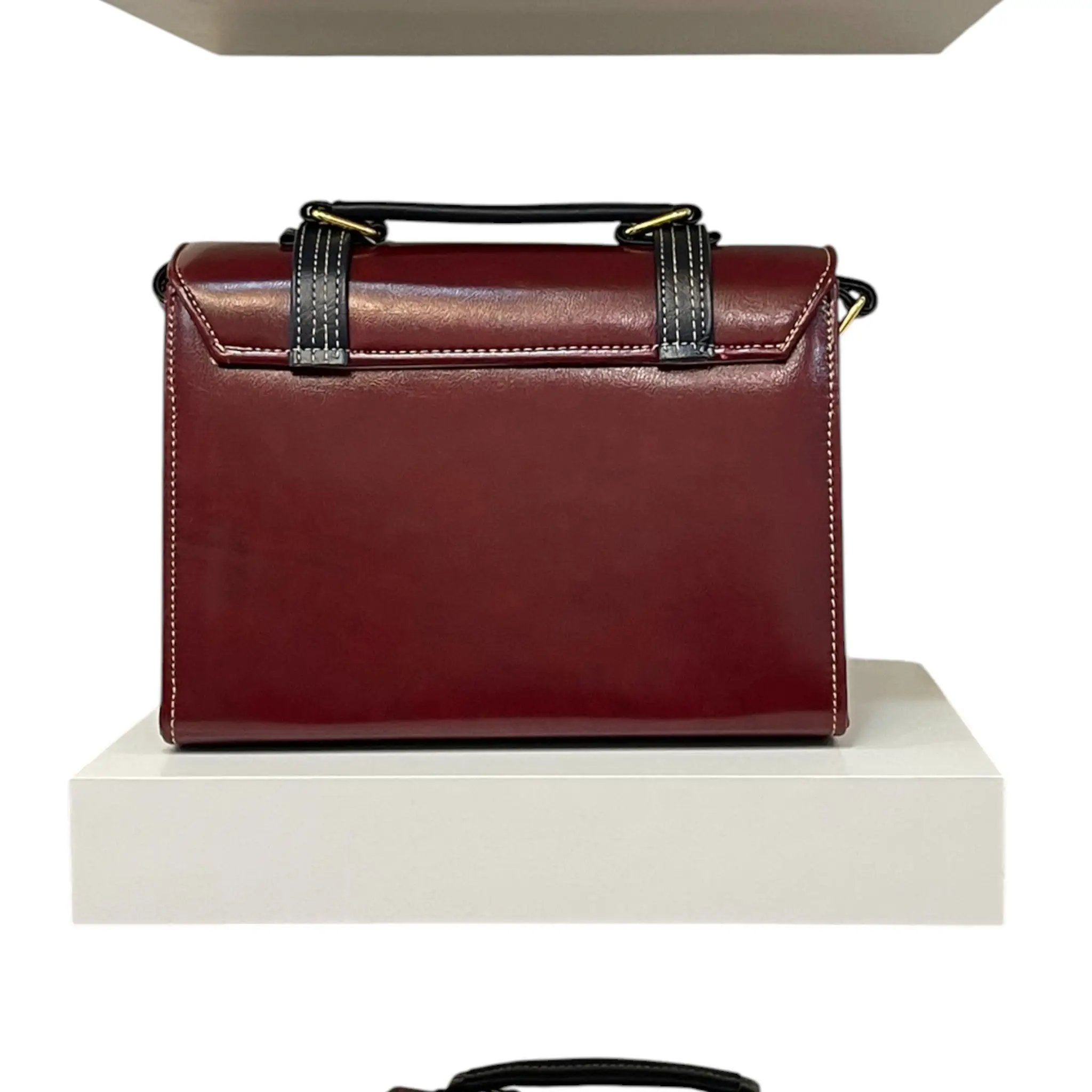 Vegan Leather Handbag – Handmade French Burgundy Houndstooth Bag With Dual Buckle Straps by navichi