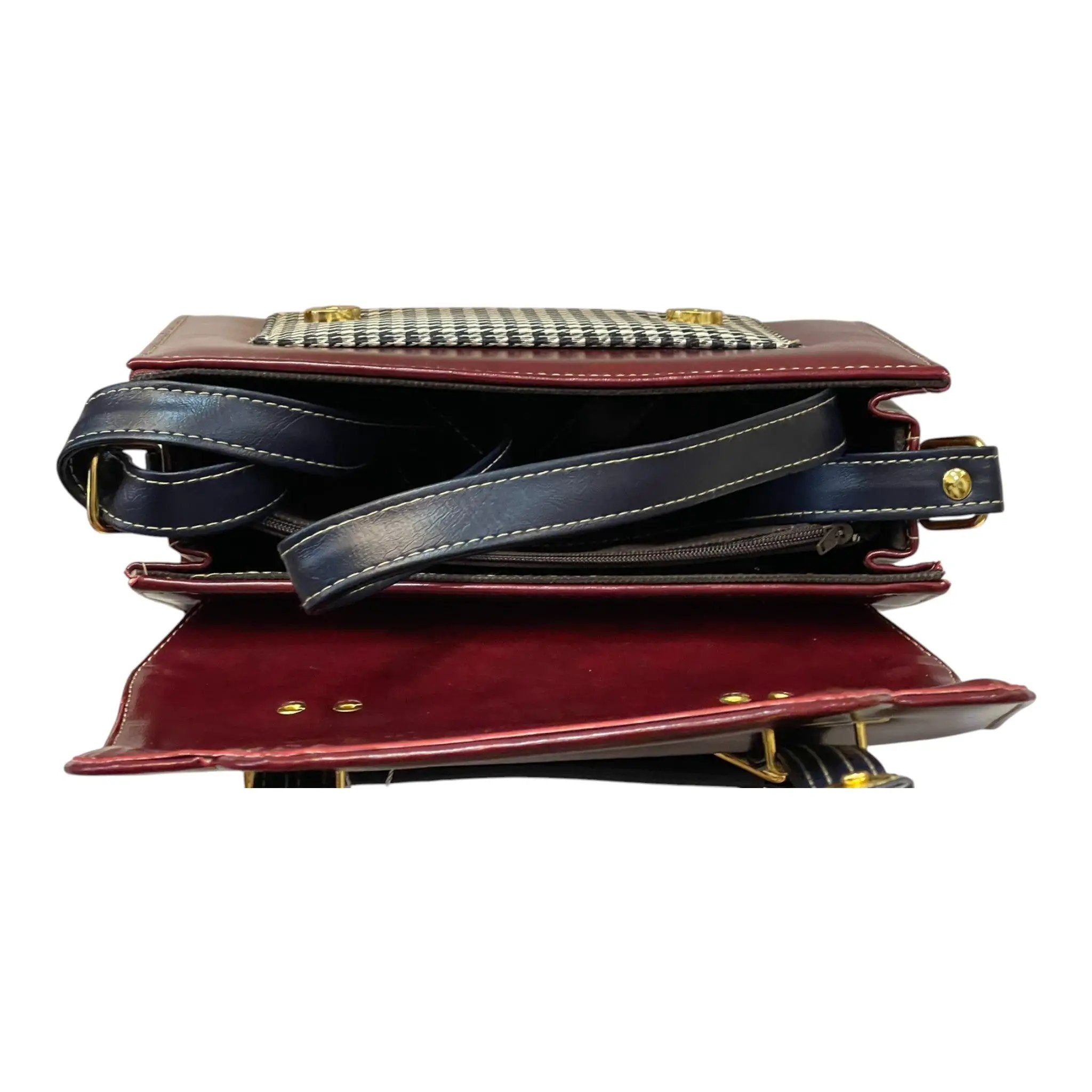 Vegan Leather Handbag – Handmade French Burgundy Houndstooth Bag With Dual Buckle Straps by navichi