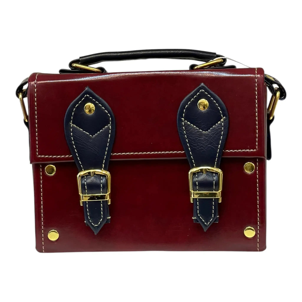 Vegan Leather Mini Satchel – Handmade Burgundy & Navy Purse with Gold Buckles by navichi