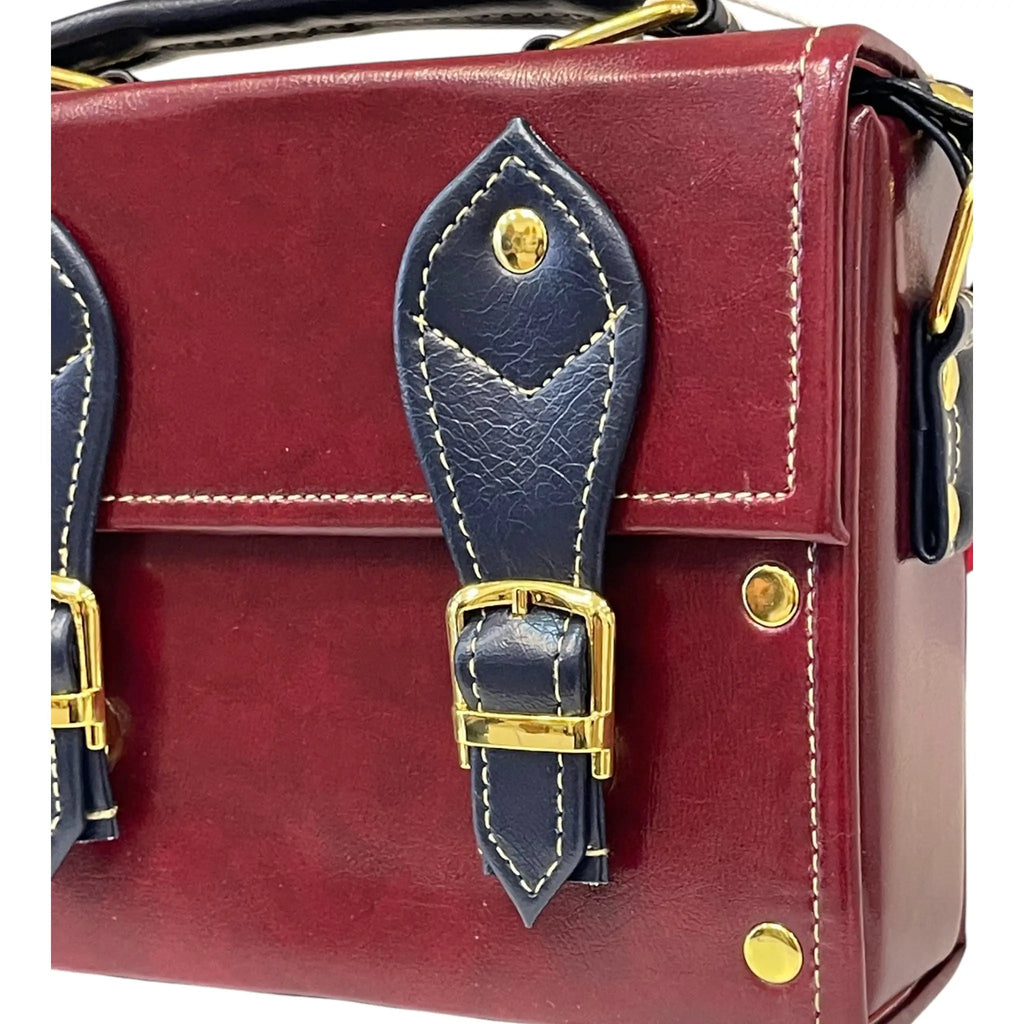 Vegan Leather Mini Satchel – Handmade Burgundy & Navy Purse with Gold Buckles by navichi