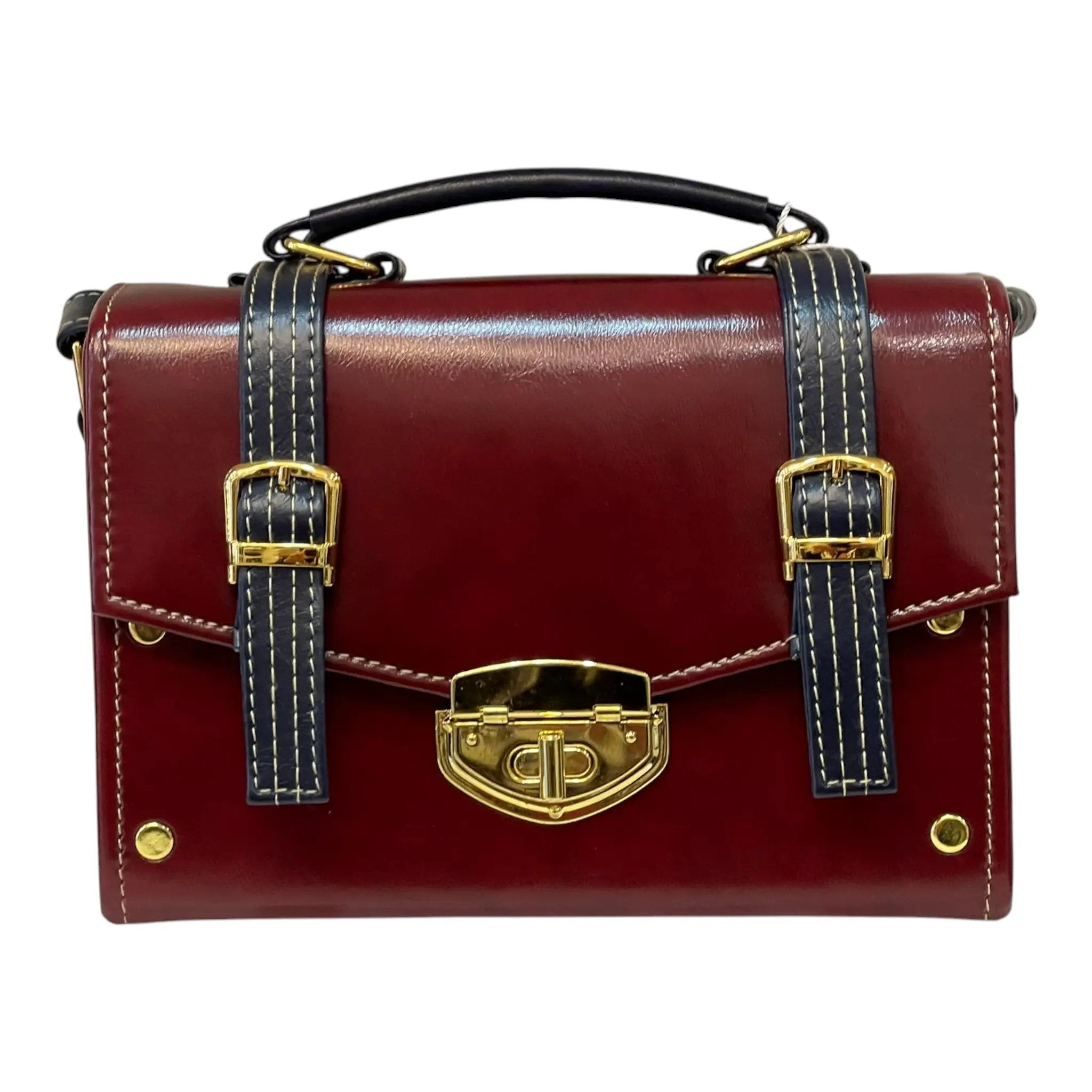 Vegan Leather Satchel – Handmade Burgundy Handbag with Gold Hardware & Adjustable Strap by navichi