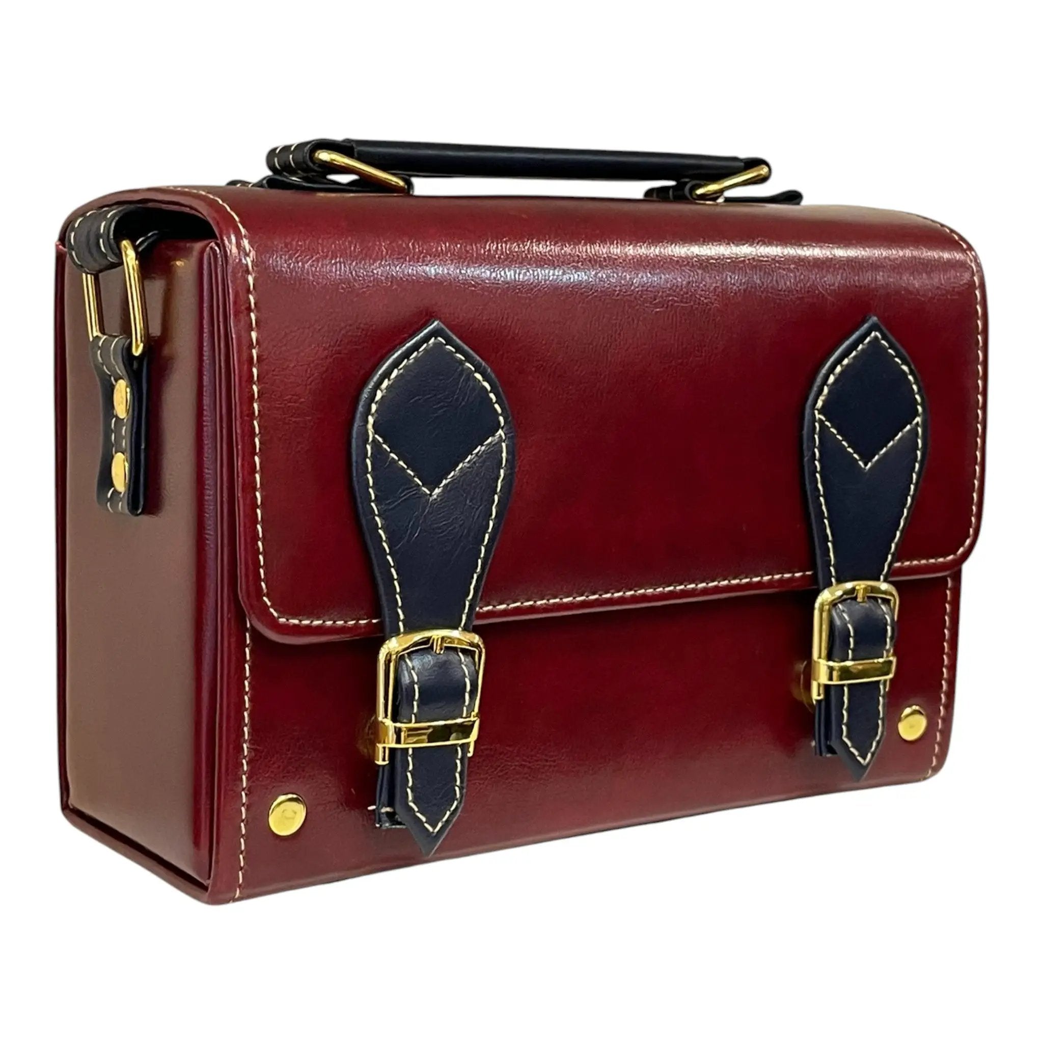 Vegan Leather Crossbody Bag – Handmade Burgundy Structured Mini Satchel With Gold Buckles by navichi
