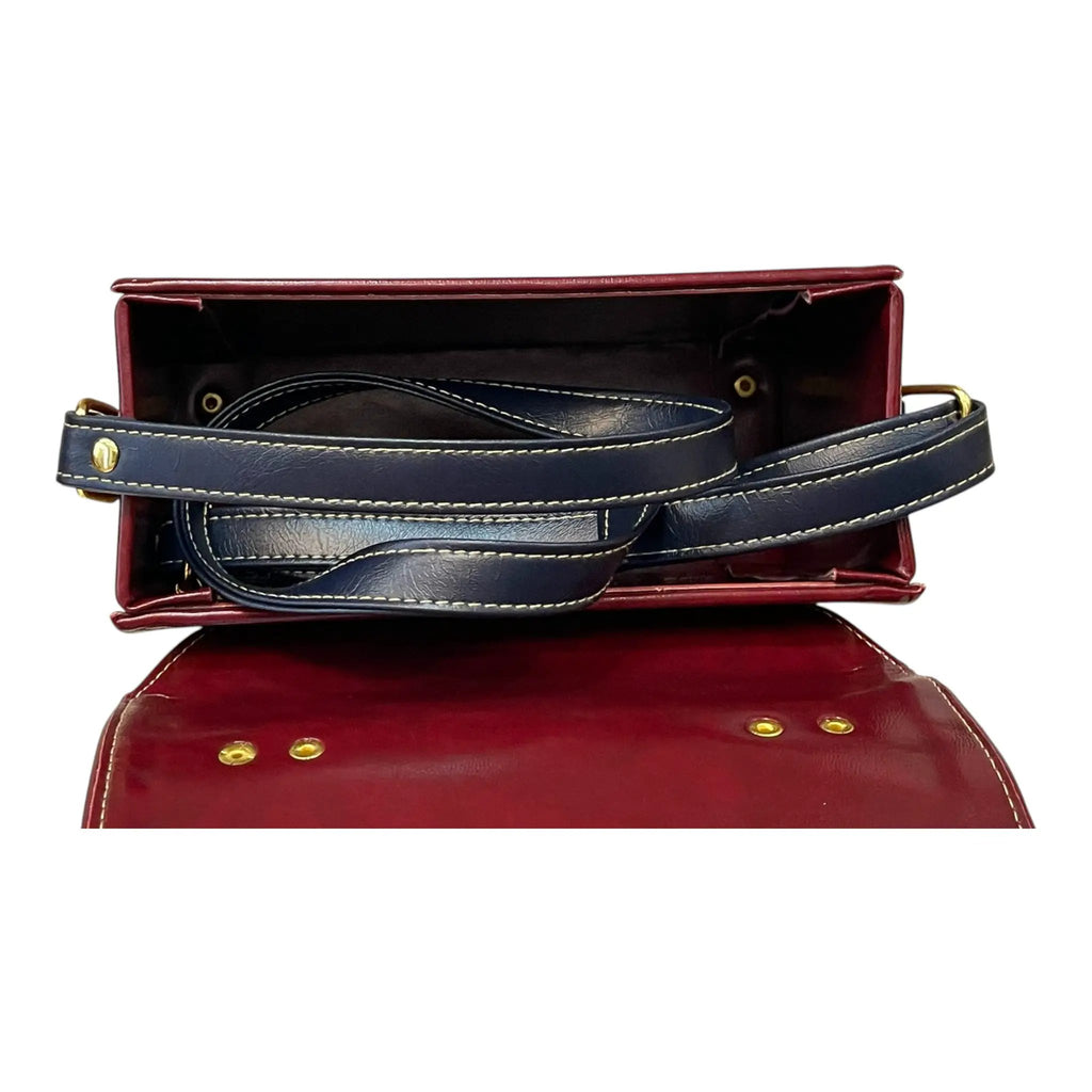 Vegan Leather Crossbody Bag – Handmade Burgundy Structured Mini Satchel With Gold Buckles by navichi