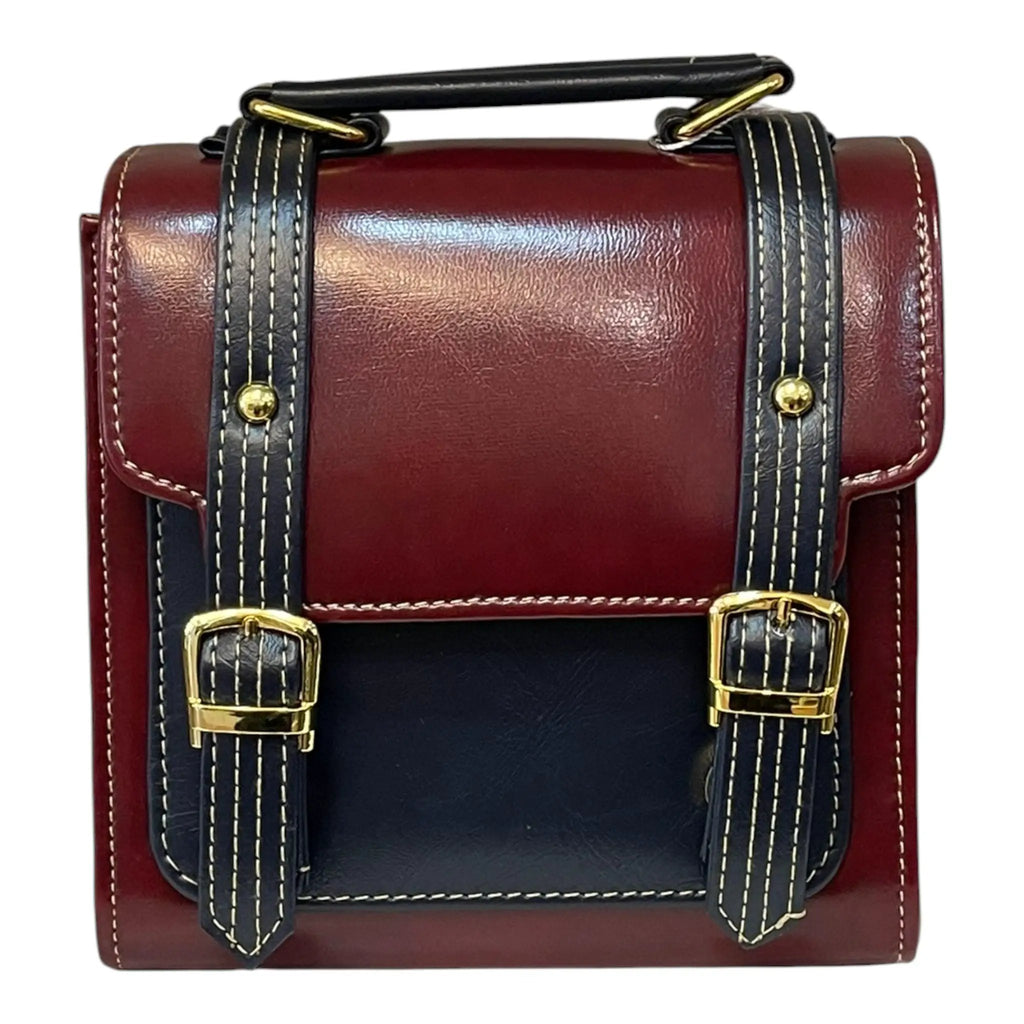 Vegan Leather Handbag – Handmade Burgundy Purse with Gold Buckles | Structured Mini Bag by navichi