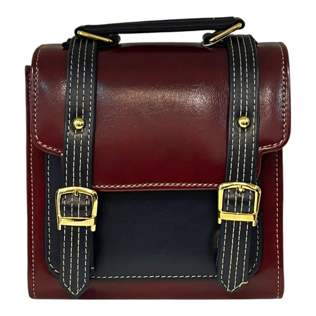 Vegan Leather Handbag – Handmade Burgundy Purse with Gold Buckles | Structured Mini Bag by navichi