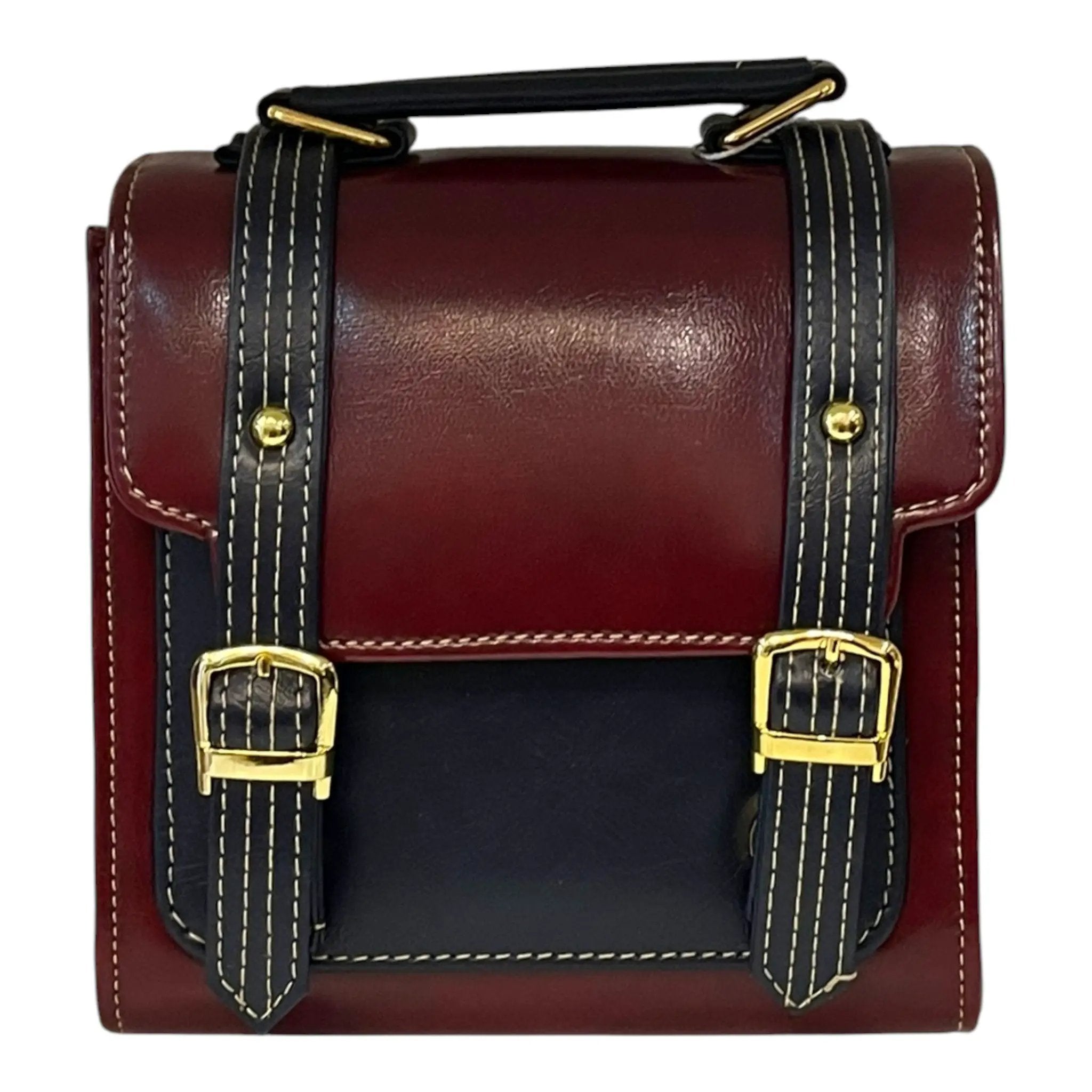 Vegan Leather Handbag – Handmade Burgundy Purse with Gold Buckles | Structured Mini Bag by navichi