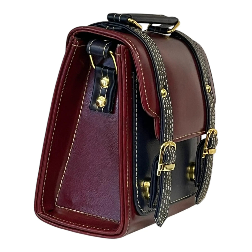 Vegan Leather Handbag – Handmade Burgundy Purse with Gold Buckles | Structured Mini Bag by navichi