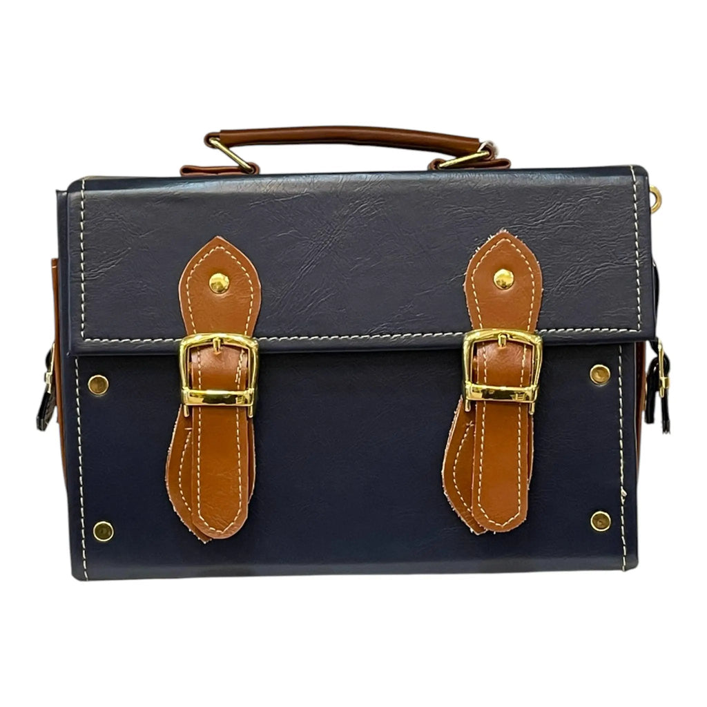 Vegan Leather Handbag – Handmade Navy Blue & Caramel Brown Satchel Bag, Structured Design by navichi