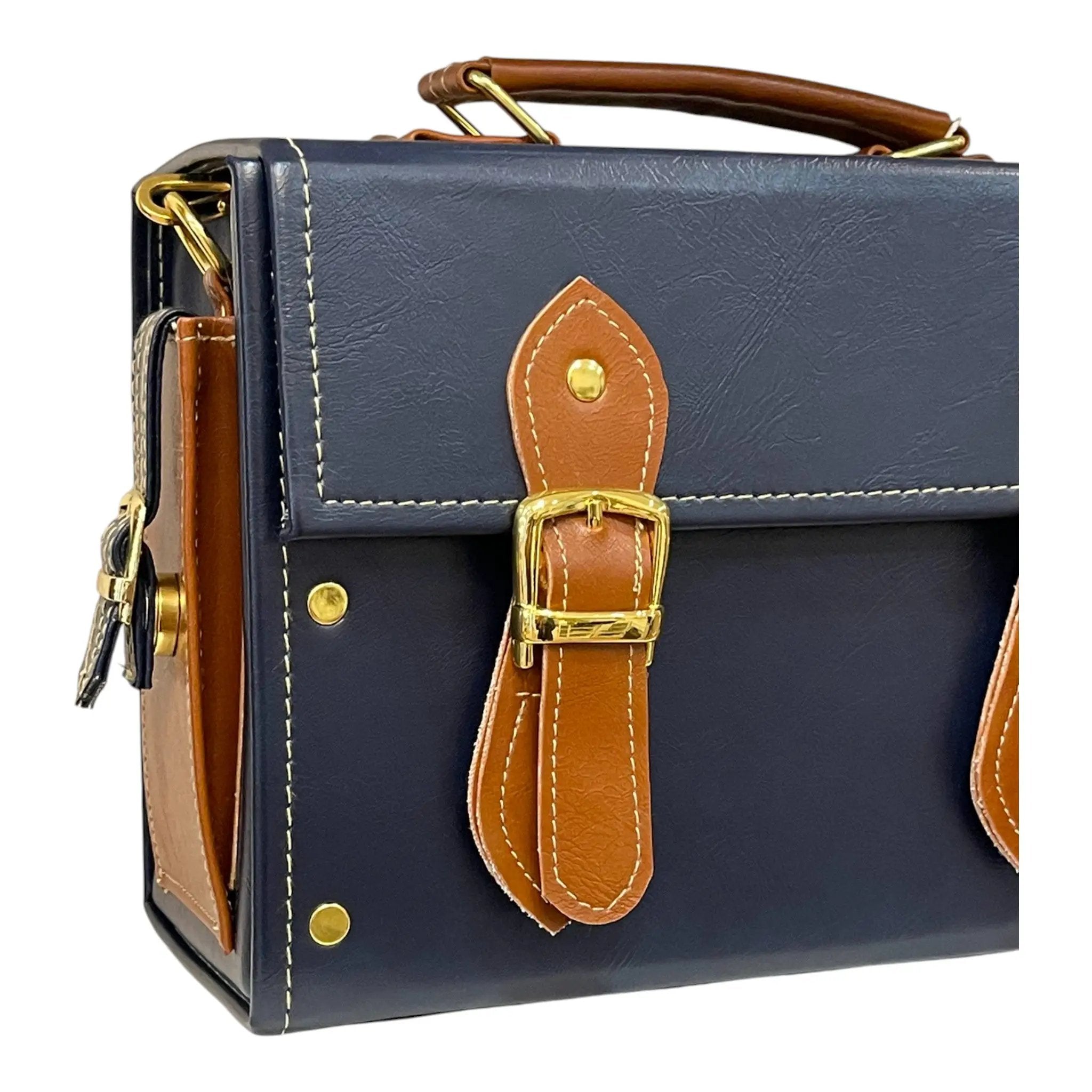 Vegan Leather Handbag – Handmade Navy Blue & Caramel Brown Satchel Bag, Structured Design by navichi
