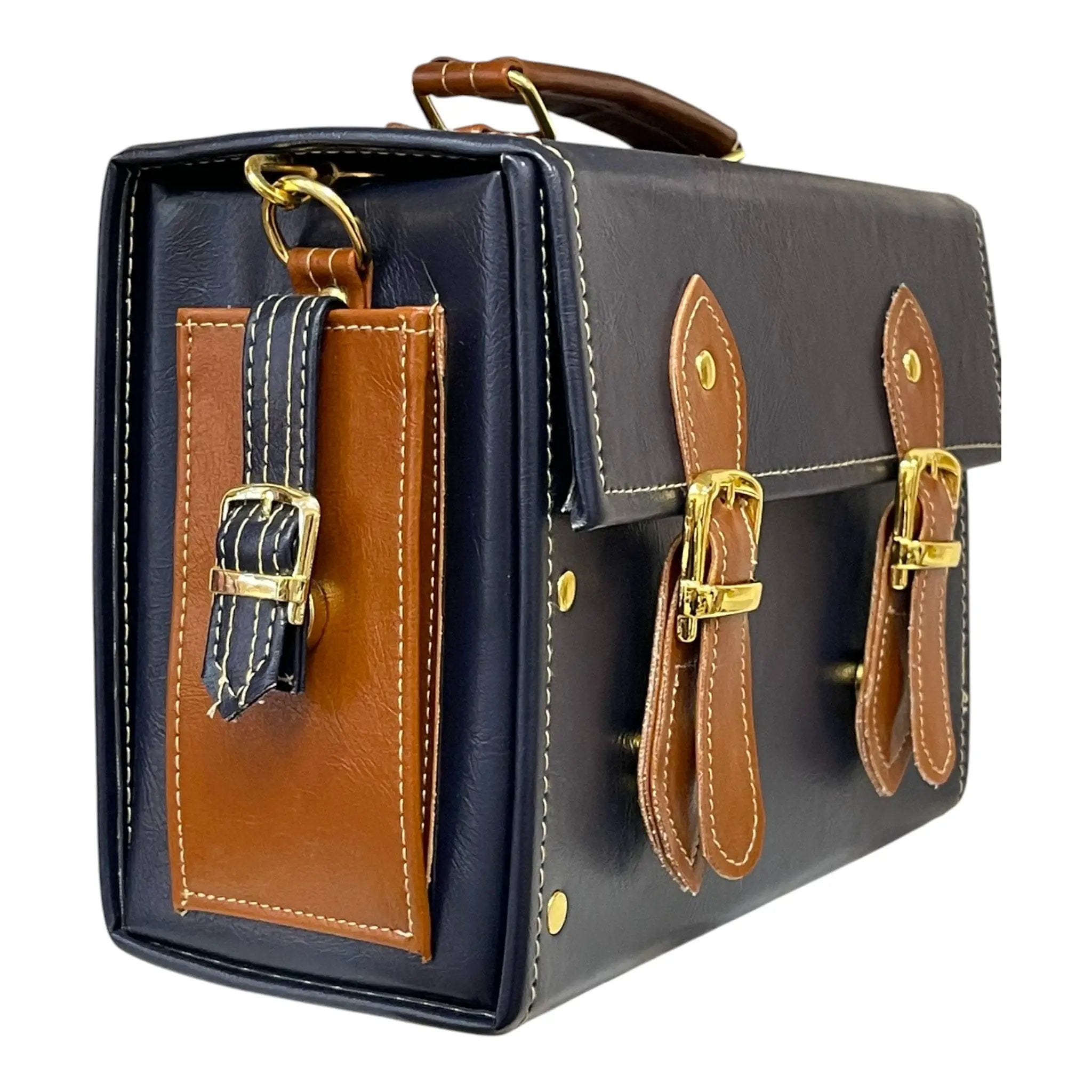 Vegan Leather Handbag – Handmade Navy Blue & Caramel Brown Satchel Bag, Structured Design by navichi