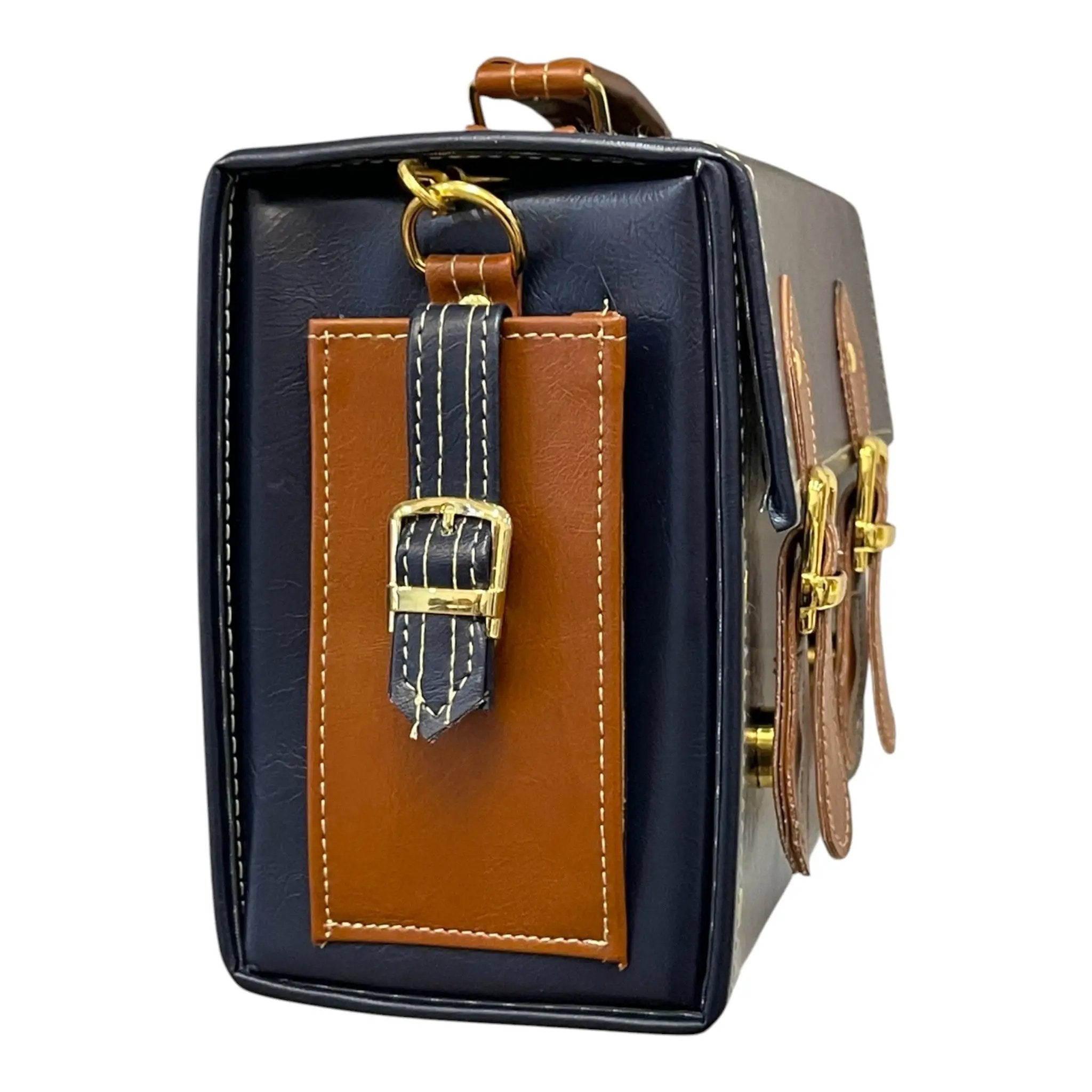 Vegan Leather Handbag – Handmade Navy Blue & Caramel Brown Satchel Bag, Structured Design by navichi