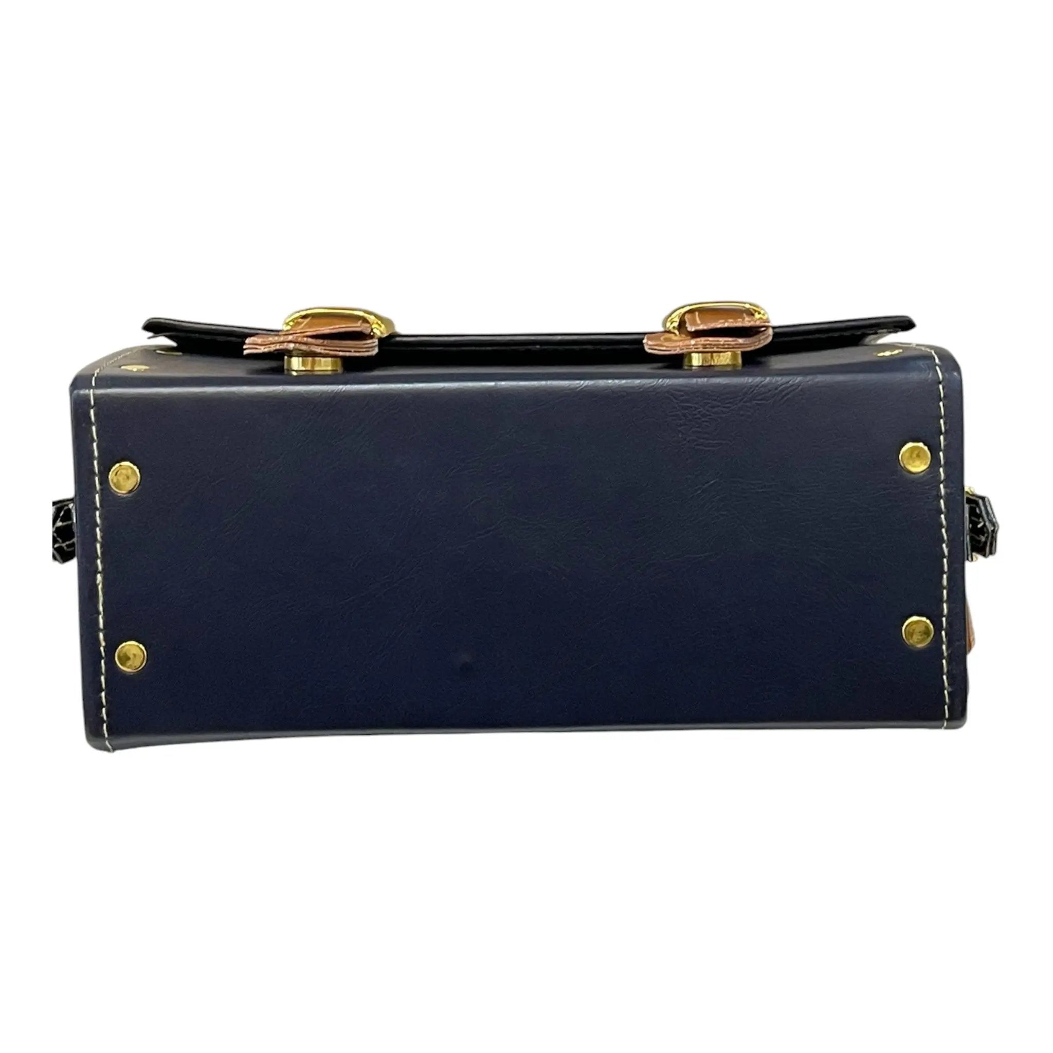 Vegan Leather Handbag – Handmade Navy Blue & Caramel Brown Satchel Bag, Structured Design by navichi
