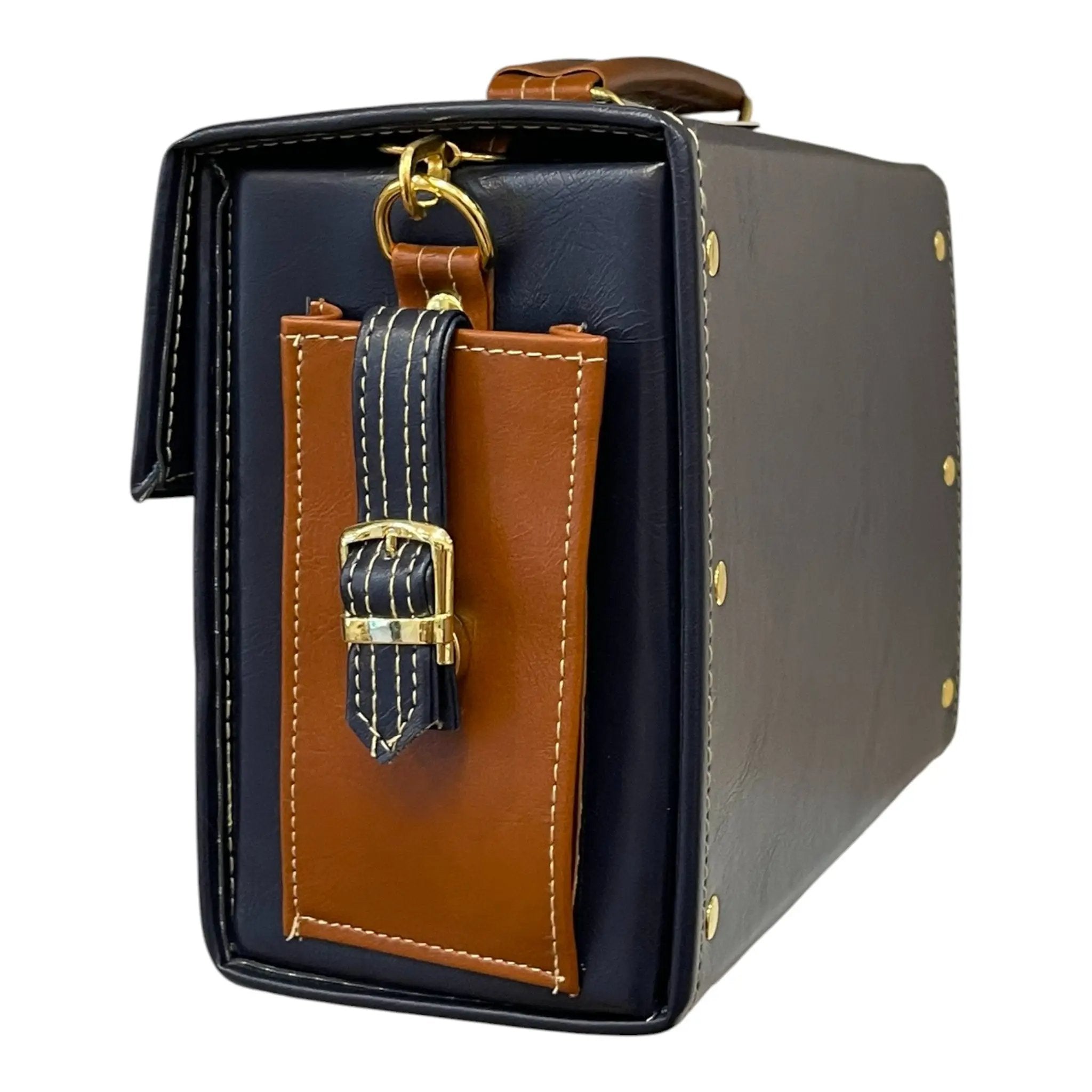 Vegan Leather Handbag – Handmade Navy Blue & Caramel Brown Satchel Bag, Structured Design by navichi