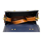 Vegan Leather Handbag – Handmade Navy Blue & Caramel Brown Satchel Bag, Structured Design by navichi