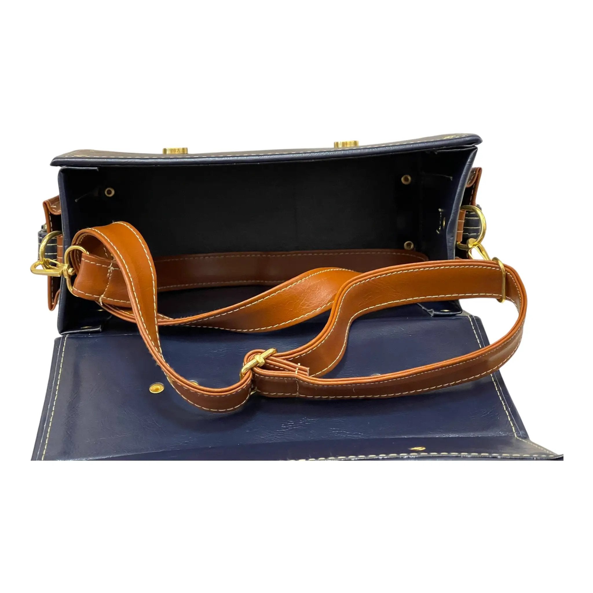 Vegan Leather Handbag – Handmade Navy Blue & Caramel Brown Satchel Bag, Structured Design by navichi