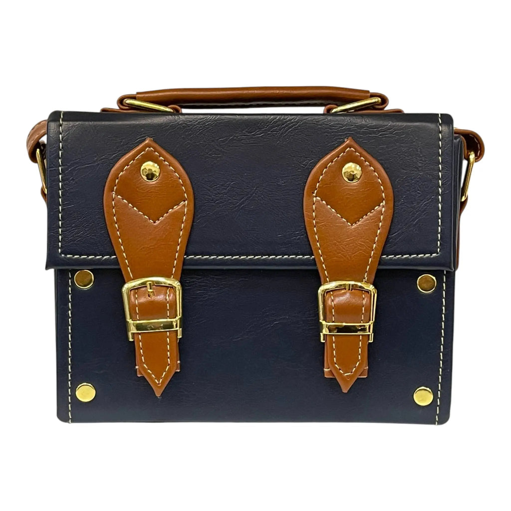 Vegan Leather Box Bag – Handmade Navy Blue Handbag with Caramel Brown Strap & Gold Hardware by navichi