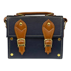 Vegan Leather Box Bag – Handmade Navy Blue Handbag with Caramel Brown Strap & Gold Hardware by navichi