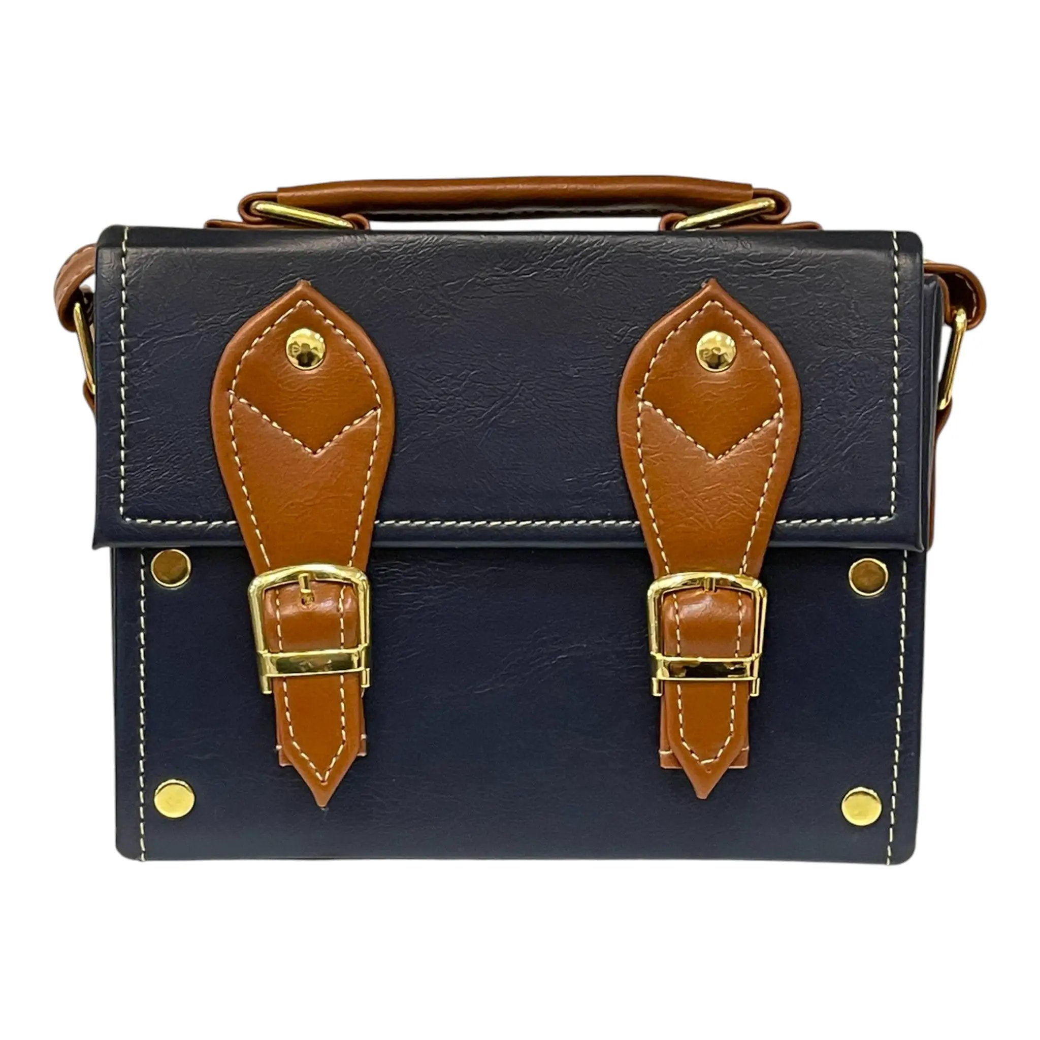 Vegan Leather Box Bag – Handmade Navy Blue Handbag with Caramel Brown Strap & Gold Hardware by navichi