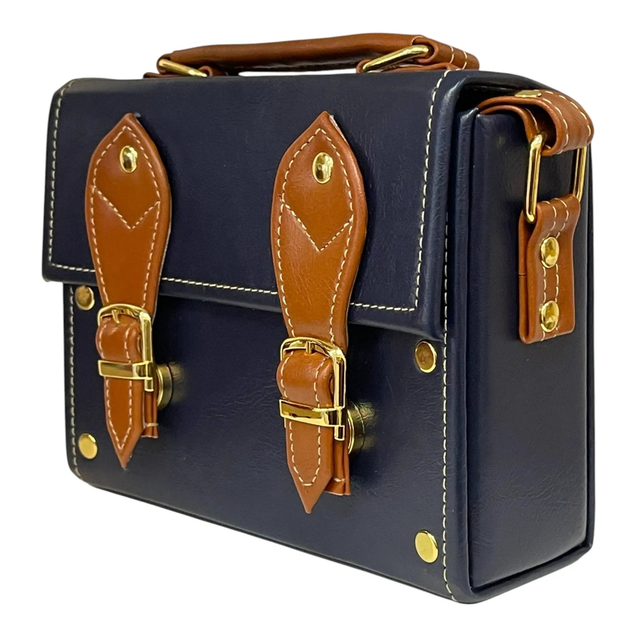 Vegan Leather Box Bag – Handmade Navy Blue Handbag with Caramel Brown Strap & Gold Hardware by navichi