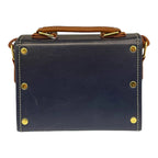 Vegan Leather Box Bag – Handmade Navy Blue Handbag with Caramel Brown Strap & Gold Hardware by navichi