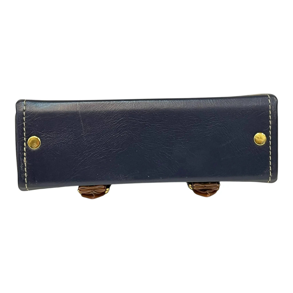 Vegan Leather Box Bag – Handmade Navy Blue Handbag with Caramel Brown Strap & Gold Hardware by navichi