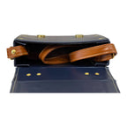 Vegan Leather Box Bag – Handmade Navy Blue Handbag with Caramel Brown Strap & Gold Hardware by navichi