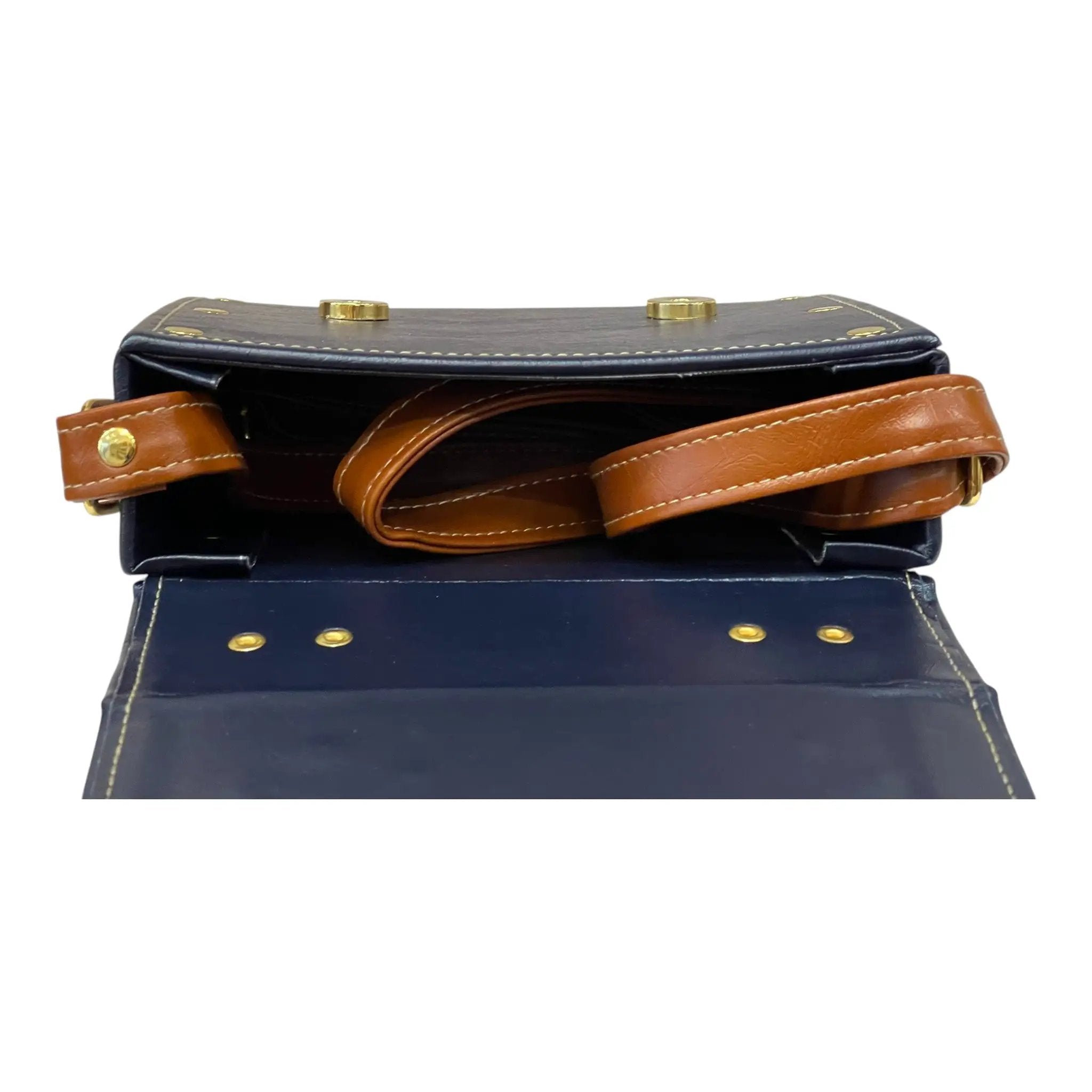 Vegan Leather Box Bag – Handmade Navy Blue Handbag with Caramel Brown Strap & Gold Hardware by navichi