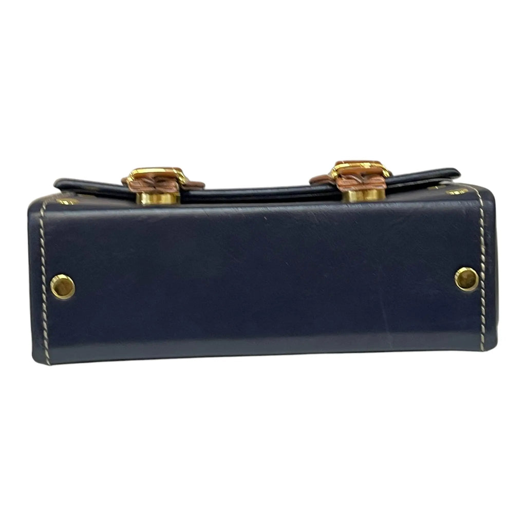 Vegan Leather Box Bag – Handmade Navy Blue Handbag with Caramel Brown Strap & Gold Hardware by navichi