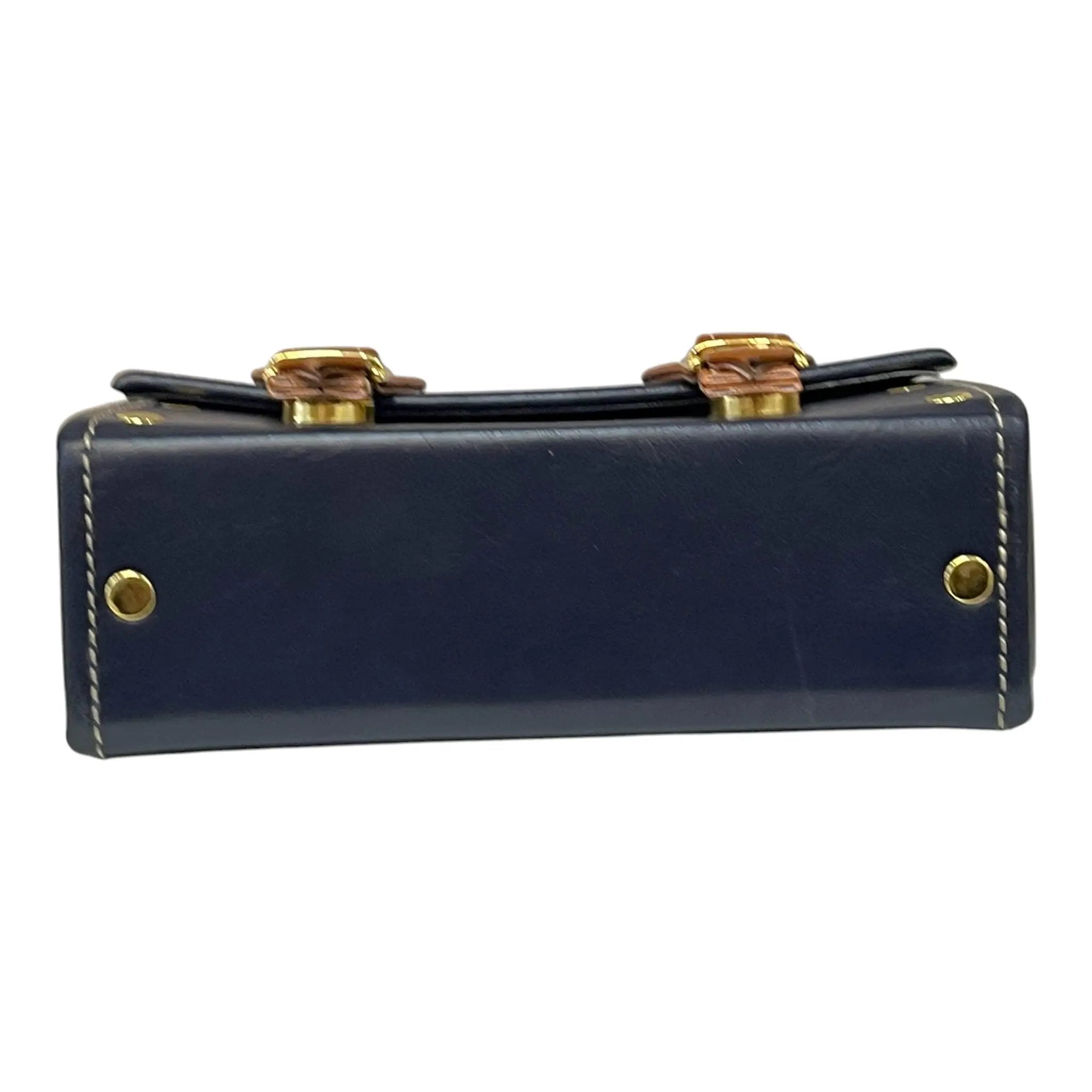 Vegan Leather Box Bag – Handmade Navy Blue Handbag with Caramel Brown Strap & Gold Hardware by navichi
