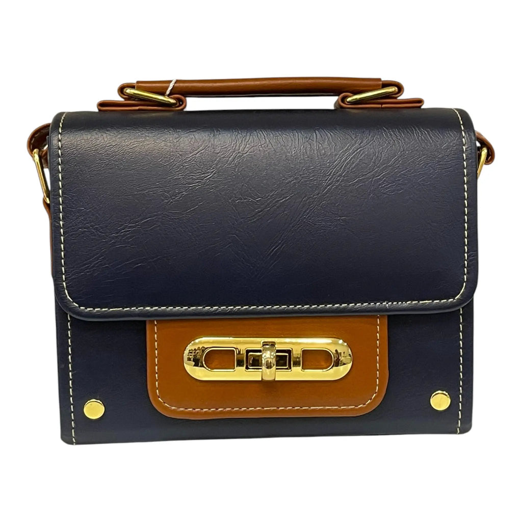 Vegan Leather Crossbody Bag – Handmade Navy Blue Small Structured Handbag with Gold Twist Lock by navichi