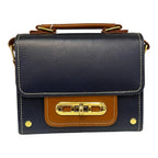 Vegan Leather Crossbody Bag – Handmade Navy Blue Small Structured Handbag with Gold Twist Lock by navichi