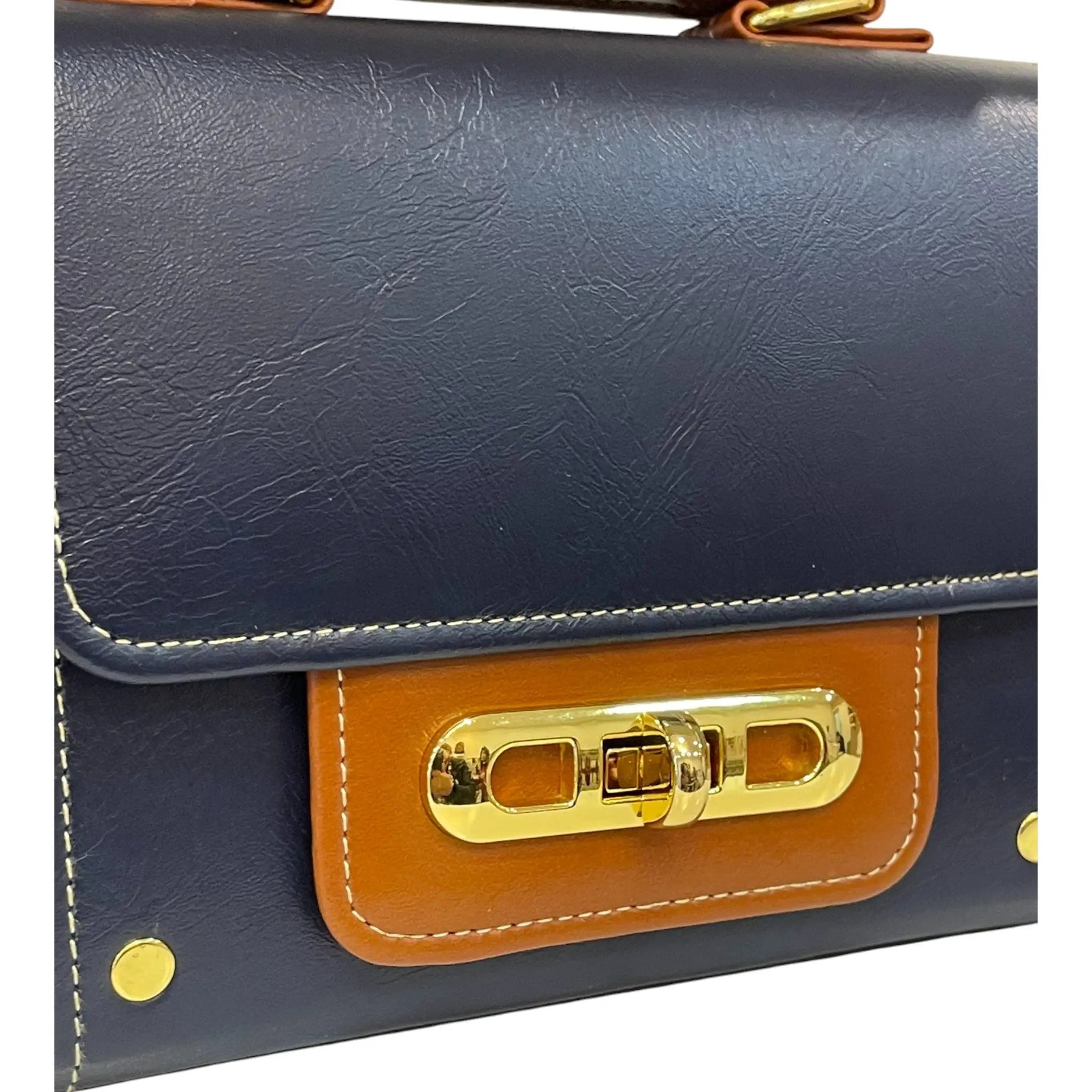 Vegan Leather Crossbody Bag – Handmade Navy Blue Small Structured Handbag with Gold Twist Lock by navichi