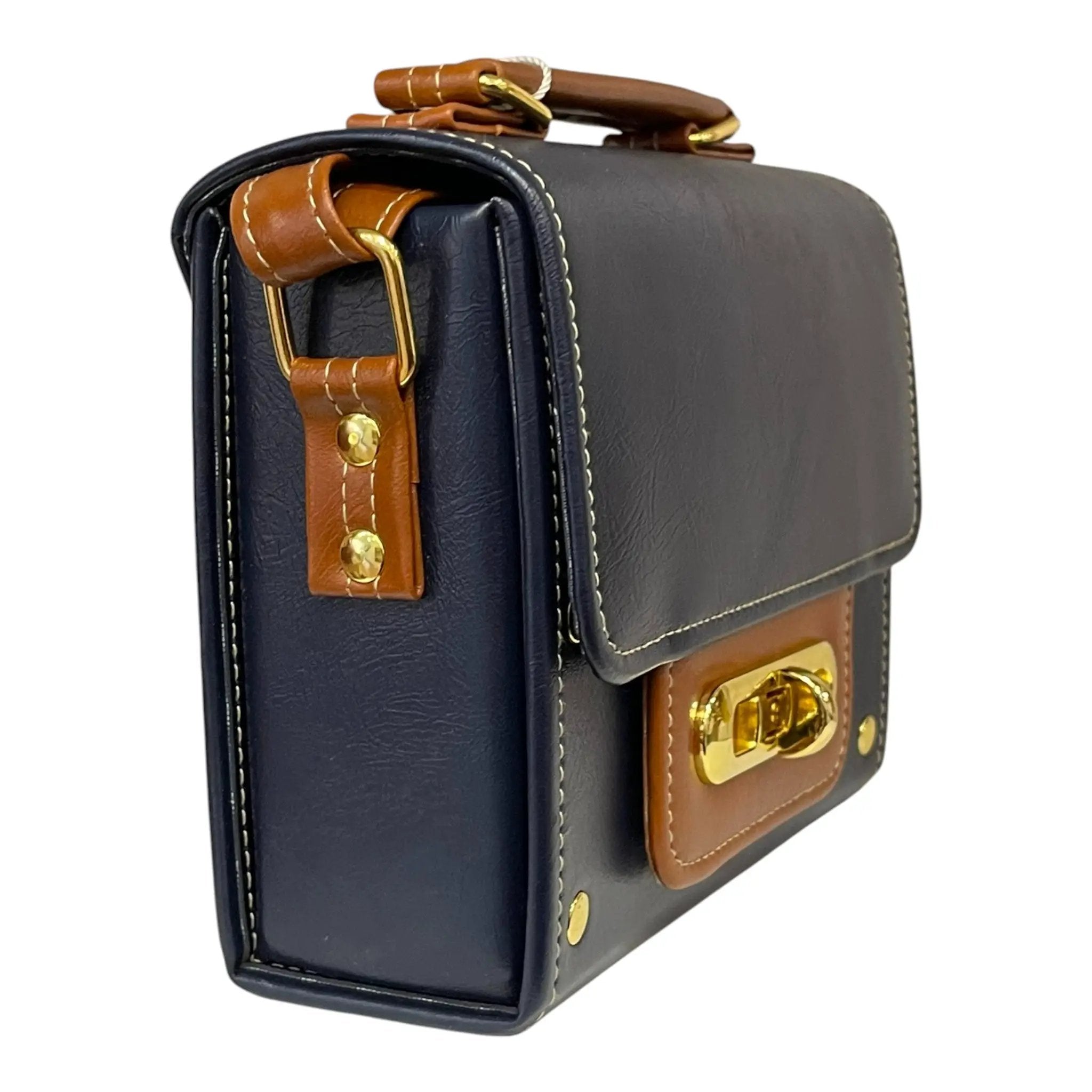 Vegan Leather Crossbody Bag – Handmade Navy Blue Small Structured Handbag with Gold Twist Lock by navichi