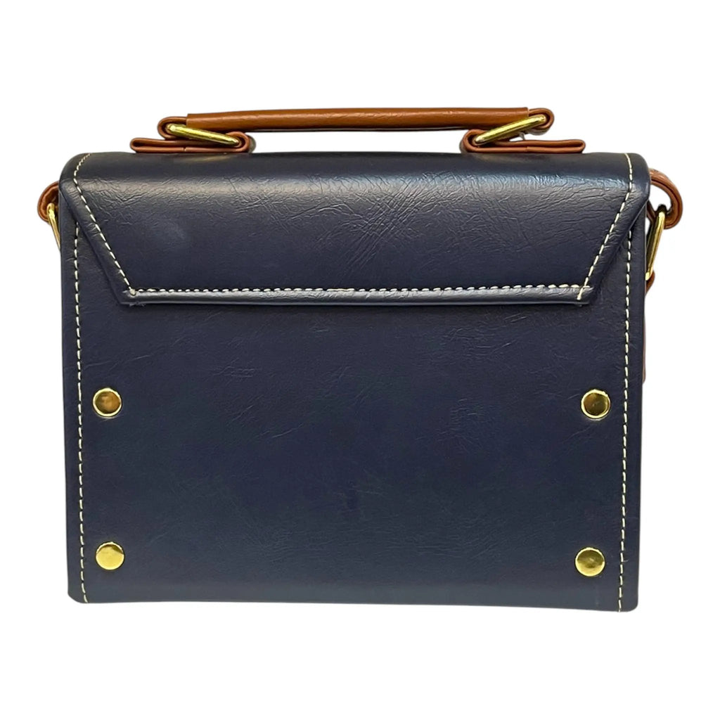 Vegan Leather Crossbody Bag – Handmade Navy Blue Small Structured Handbag with Gold Twist Lock by navichi