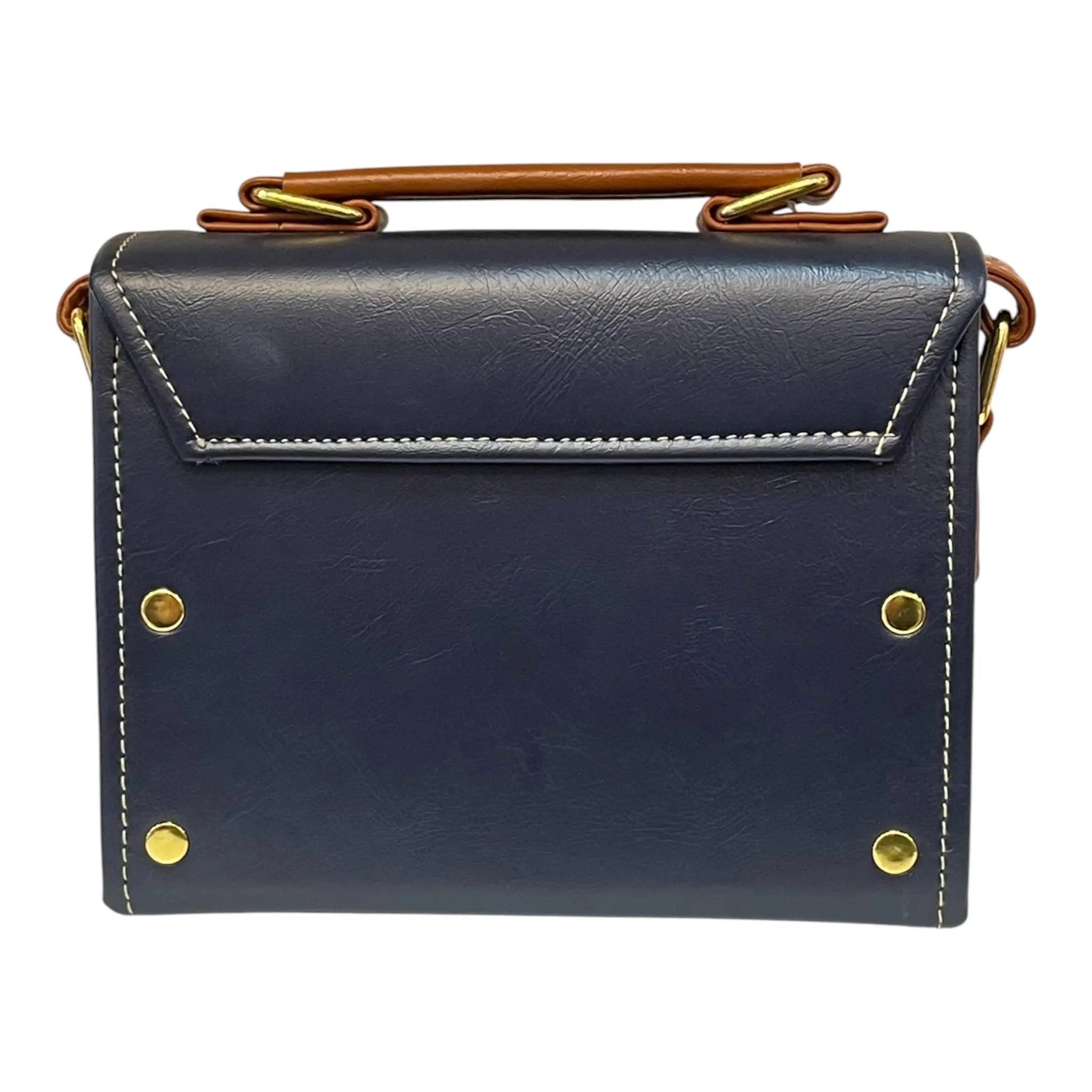 Vegan Leather Crossbody Bag – Handmade Navy Blue Small Structured Handbag with Gold Twist Lock by navichi
