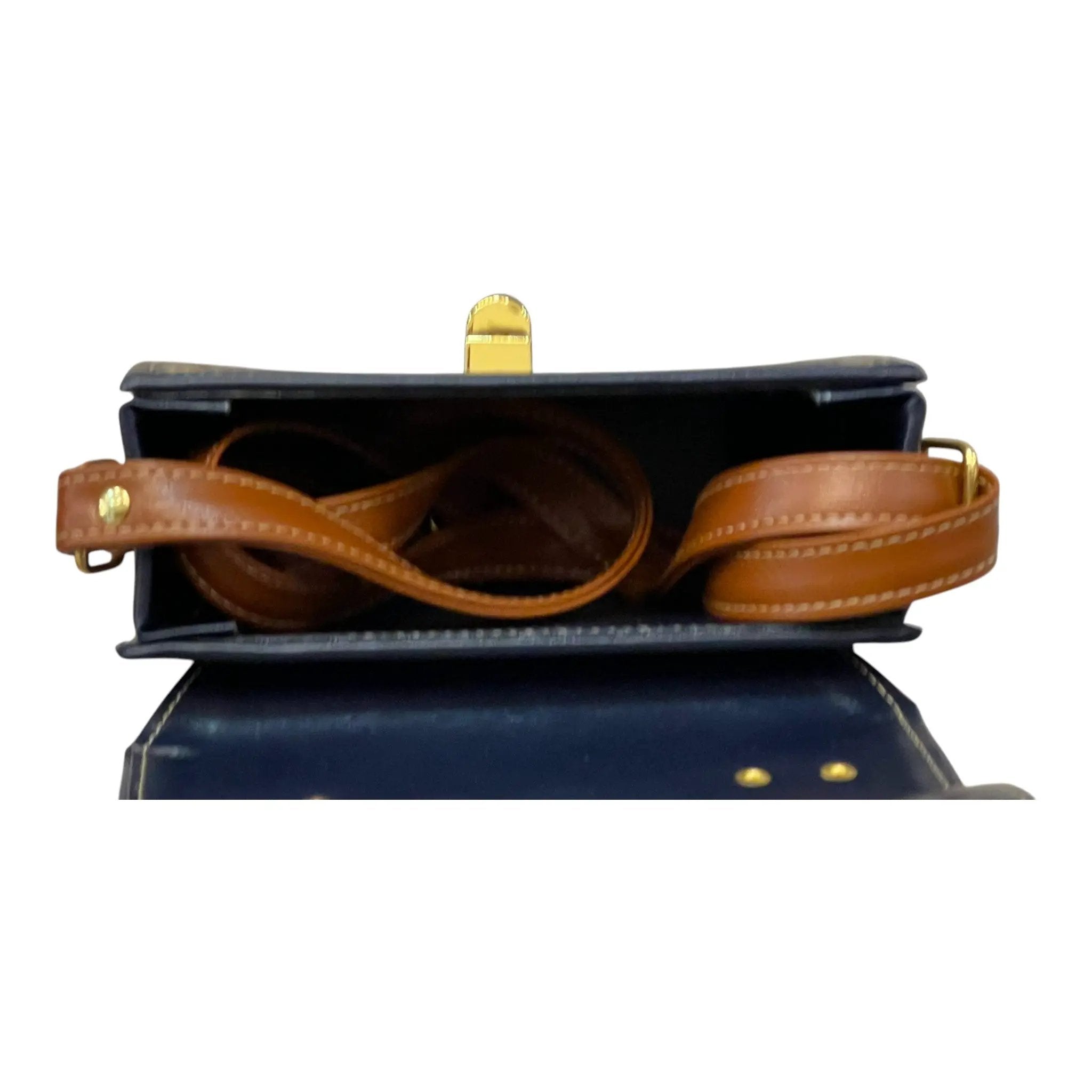Vegan Leather Crossbody Bag – Handmade Navy Blue Small Structured Handbag with Gold Twist Lock by navichi