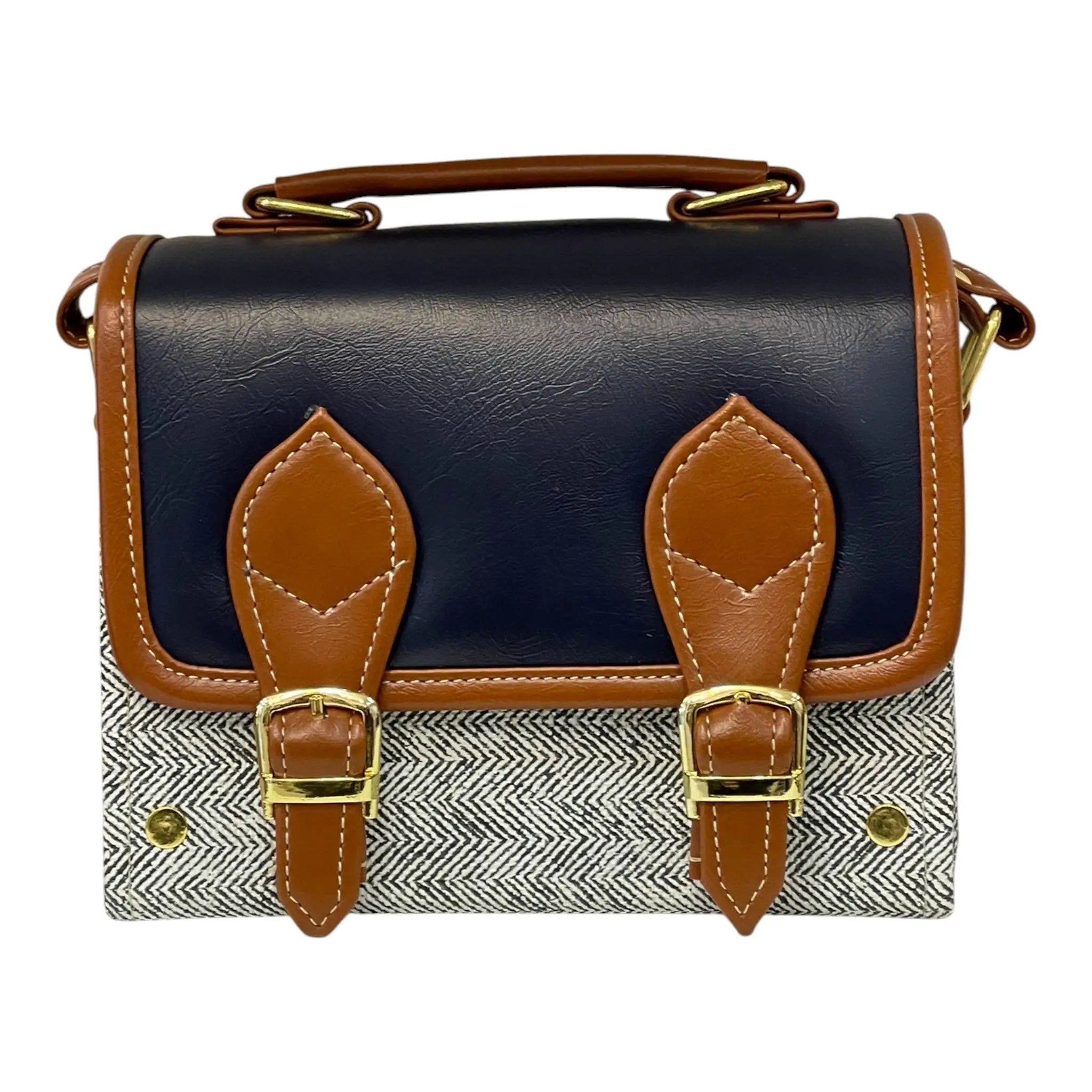 Vegan Leather Satchel – Handmade Navy Tan Satchel with Gold Hardware | Compact Structured Bag 21x14x9 cm by navichi