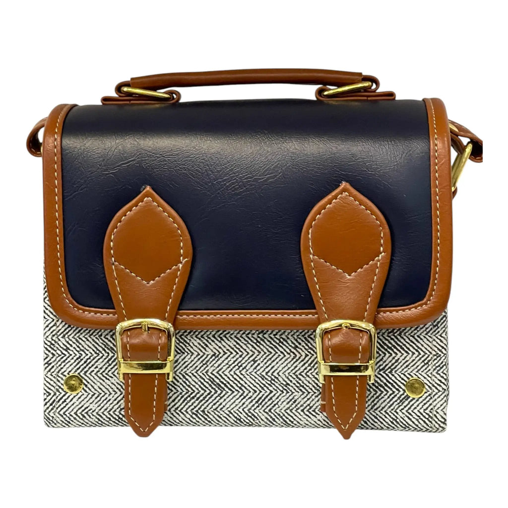 Vegan Leather Satchel – Handmade Navy Tan Satchel with Gold Hardware | Compact Structured Bag 21x14x9 cm by navichi