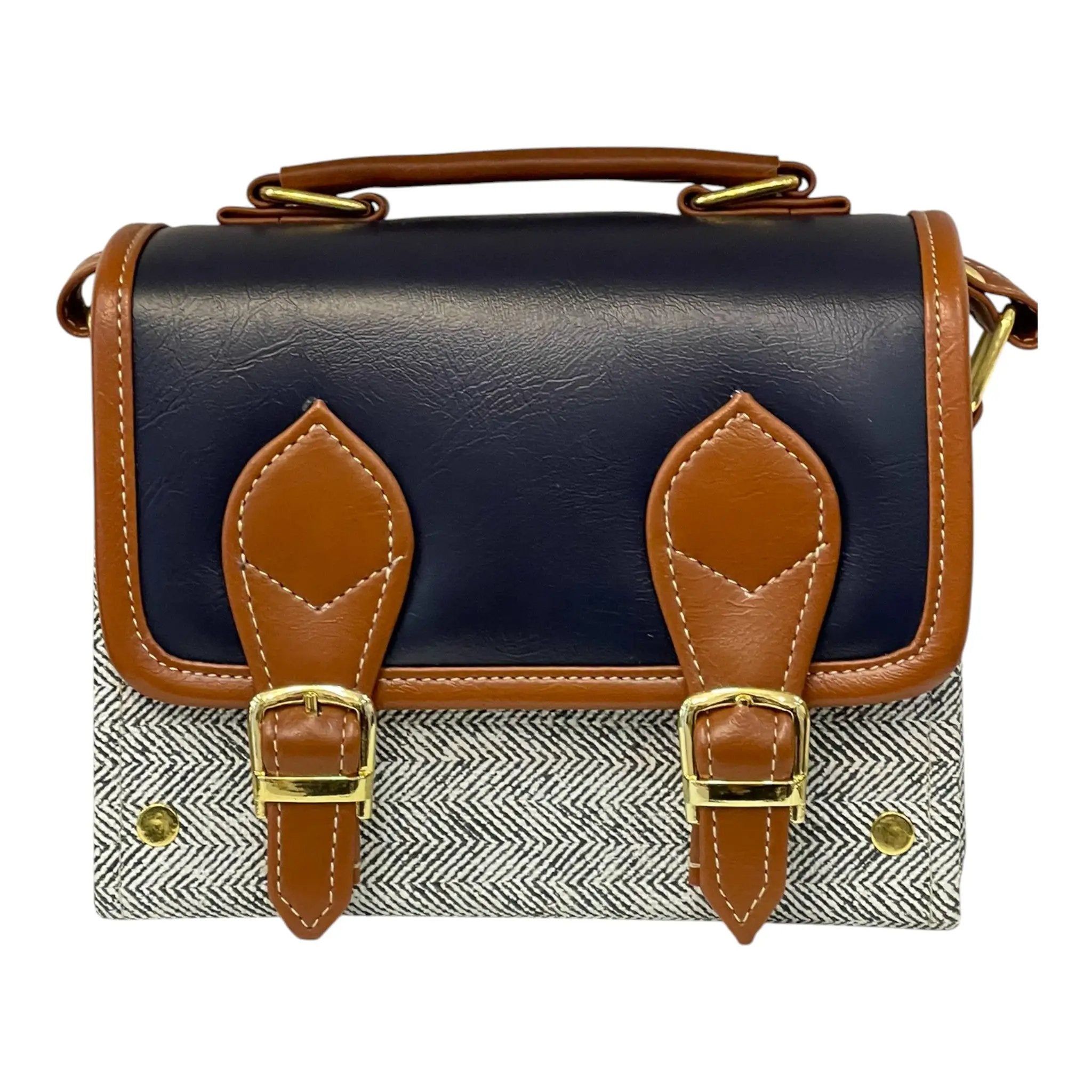 Vegan Leather Satchel – Handmade Navy Tan Satchel with Gold Hardware | Compact Structured Bag 21x14x9 cm by navichi