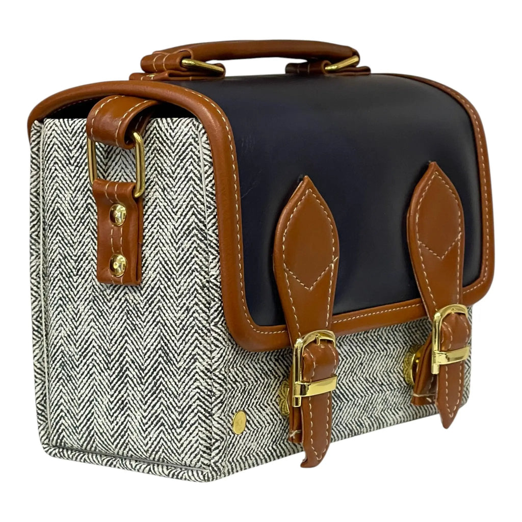 Vegan Leather Satchel – Handmade Navy Tan Satchel with Gold Hardware | Compact Structured Bag 21x14x9 cm by navichi